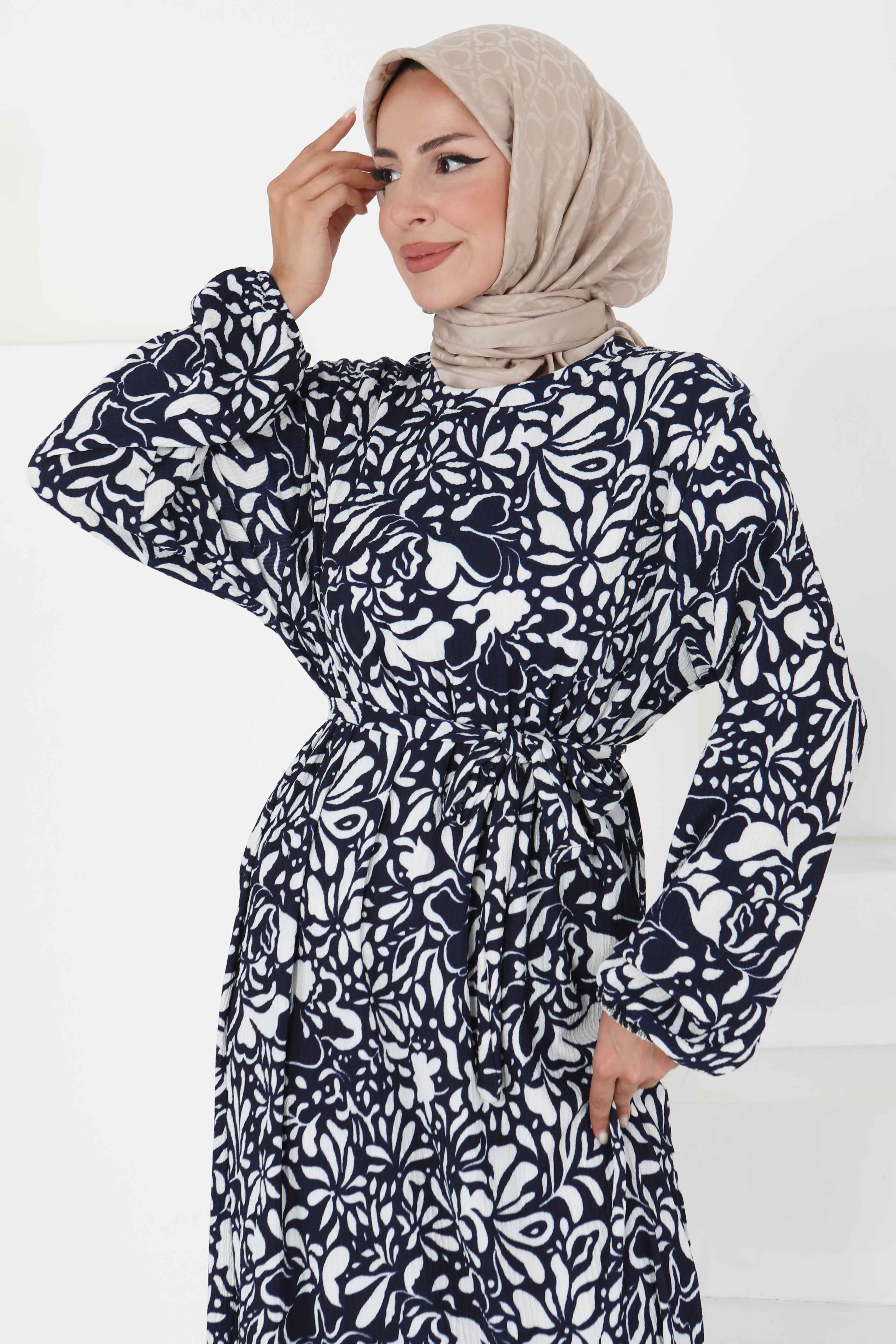 Desenli Kuşaklı Elbise - 27366 - 4