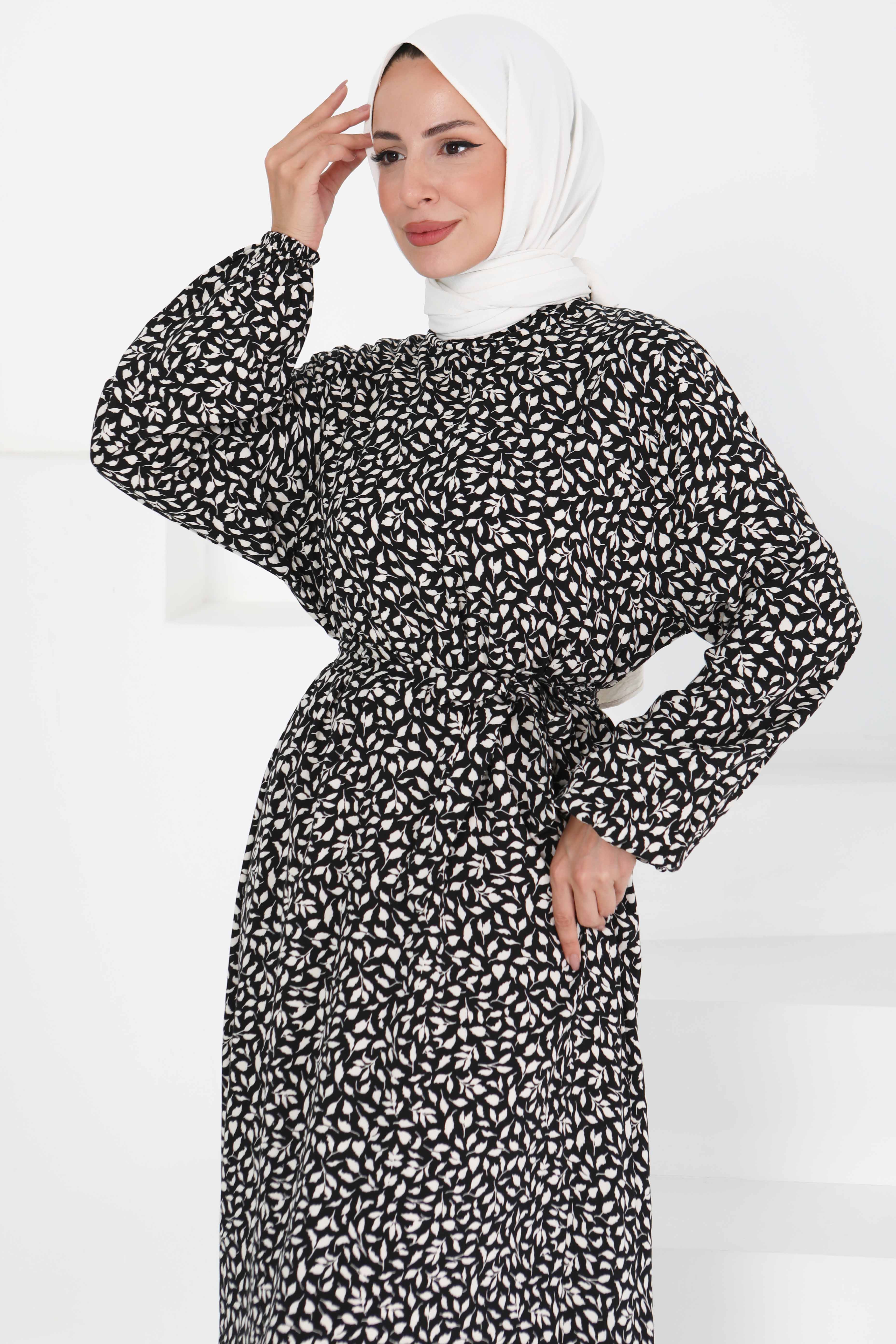 Desenli Kuşaklı Elbise - 27426 - 1