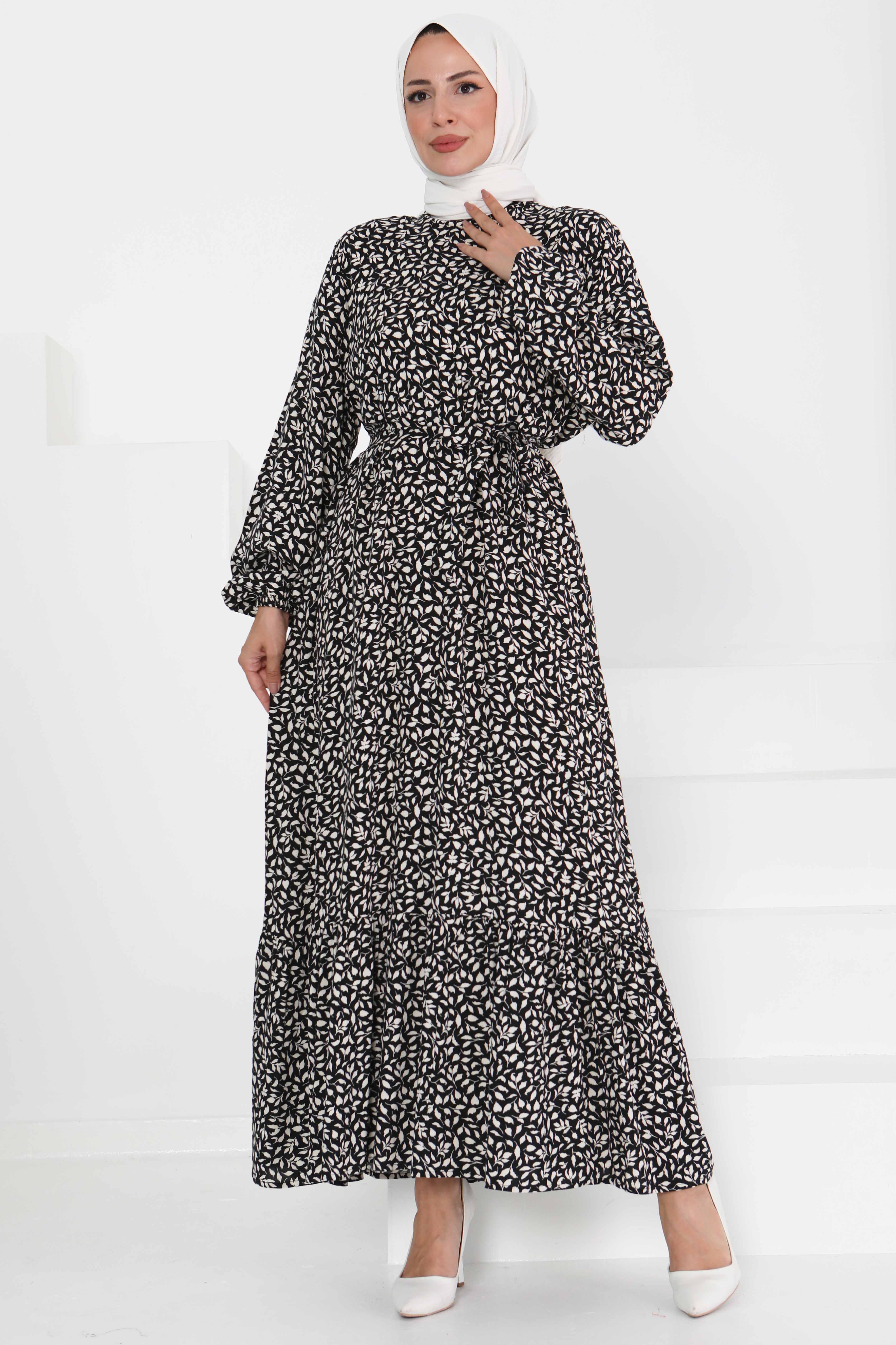 Desenli Kuşaklı Elbise - 27426 - 4