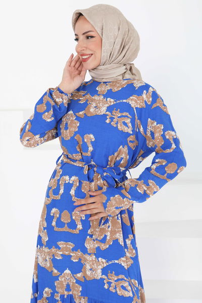 Desenli Kuşaklı Elbise - 27429 