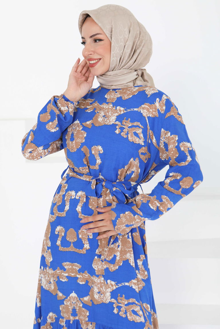 Desenli Kuşaklı Elbise - 27429 - TOFİSA