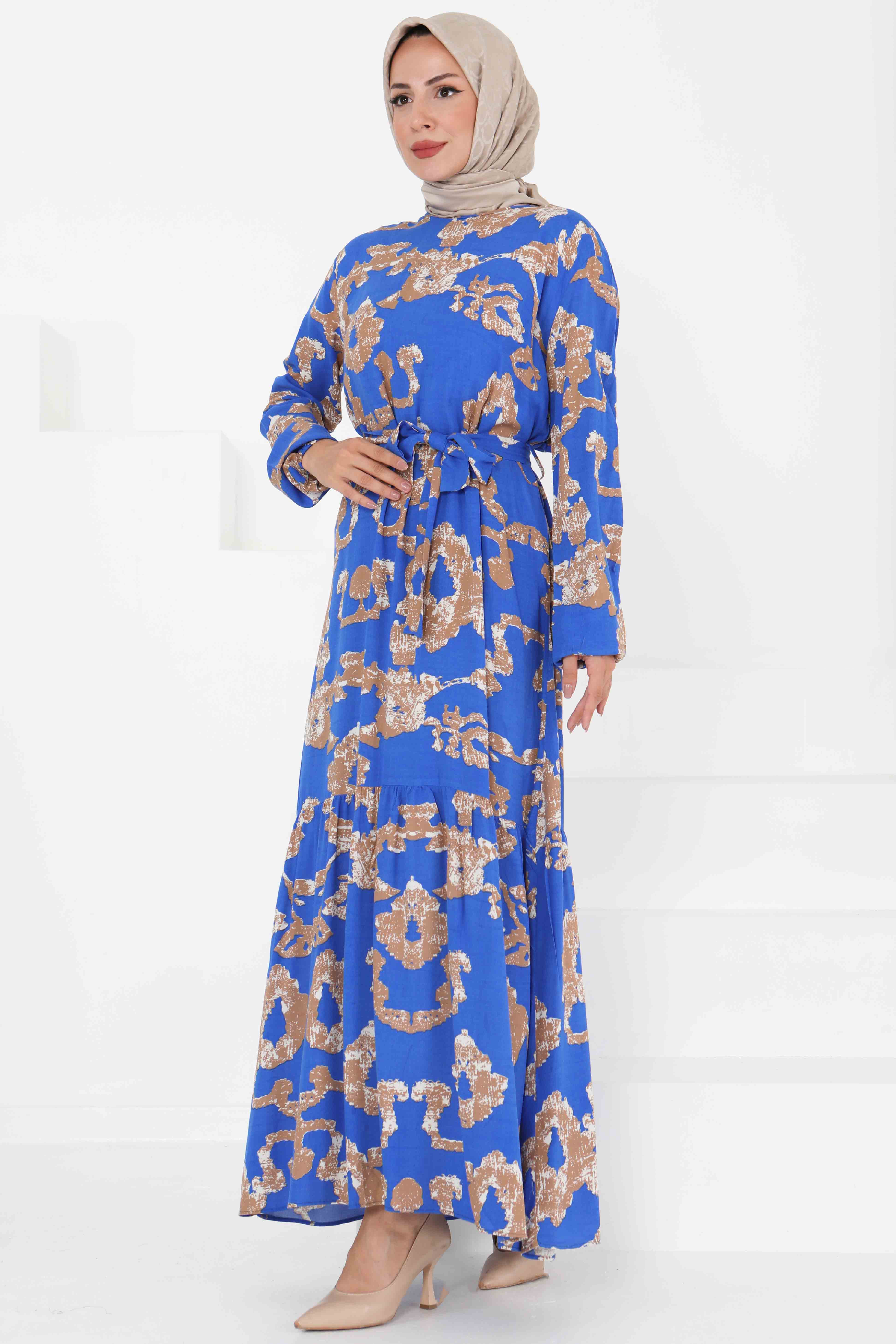 Desenli Kuşaklı Elbise - 27429 - 2