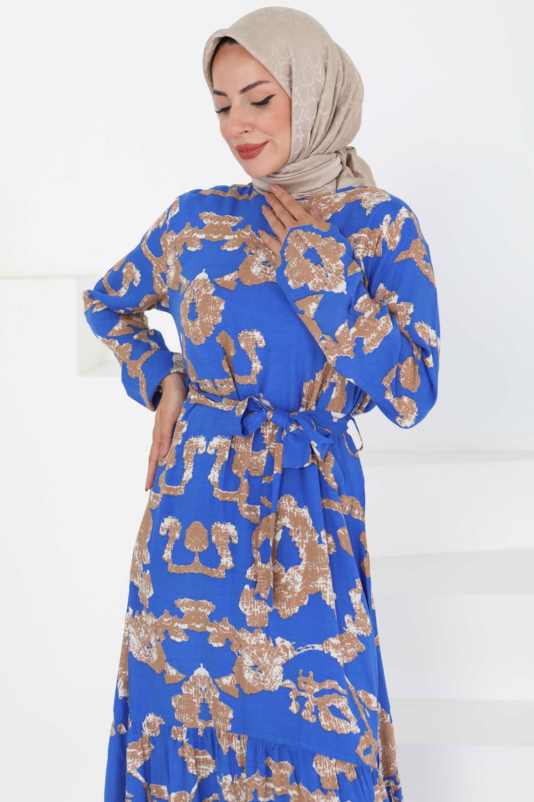 Desenli Kuşaklı Elbise - 27429 - TOFİSA