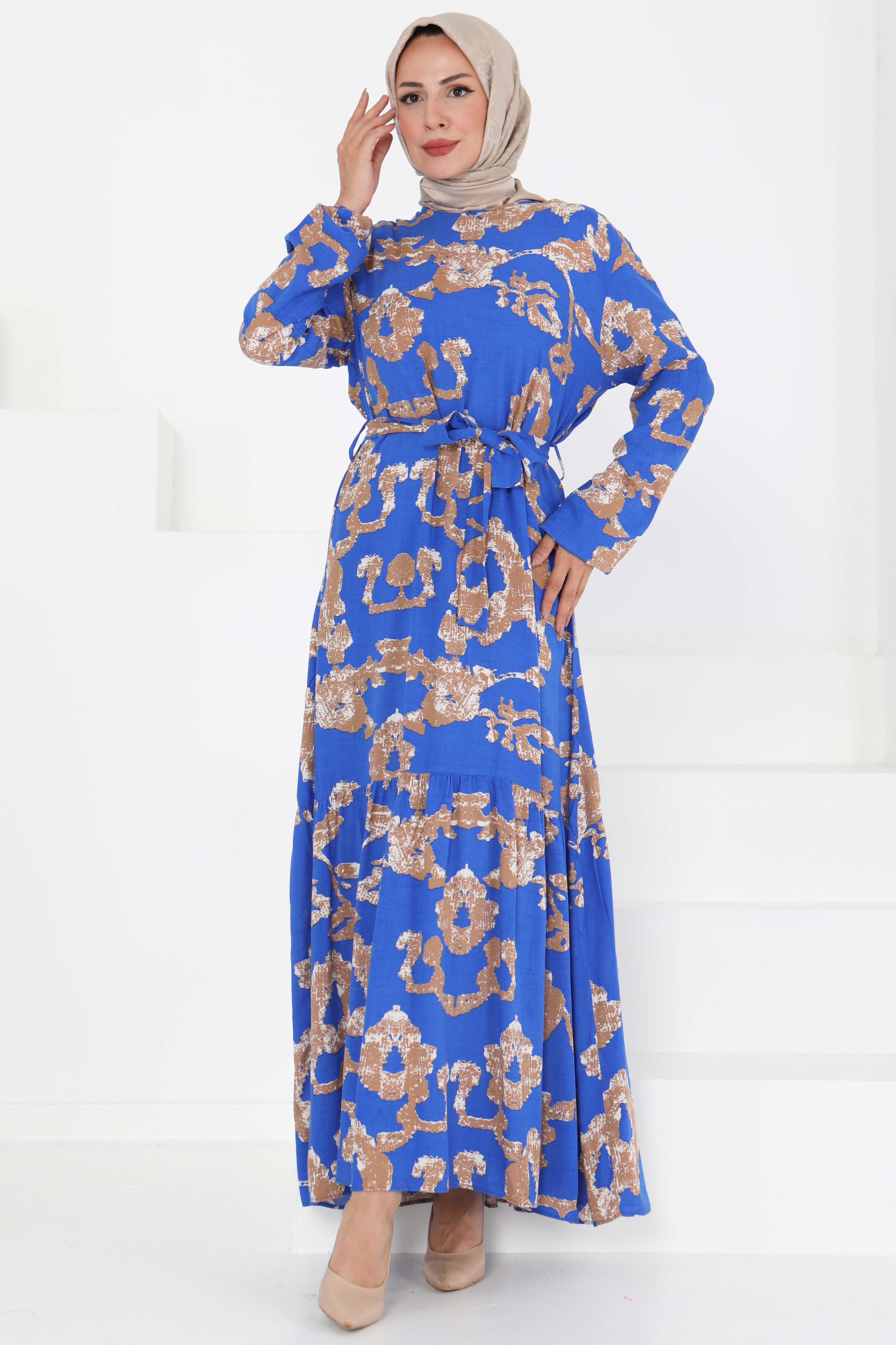 Desenli Kuşaklı Elbise - 27429 - 4