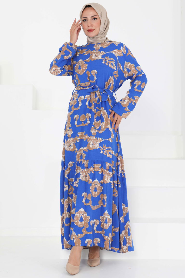 Desenli Kuşaklı Elbise - 27429 - TOFİSA