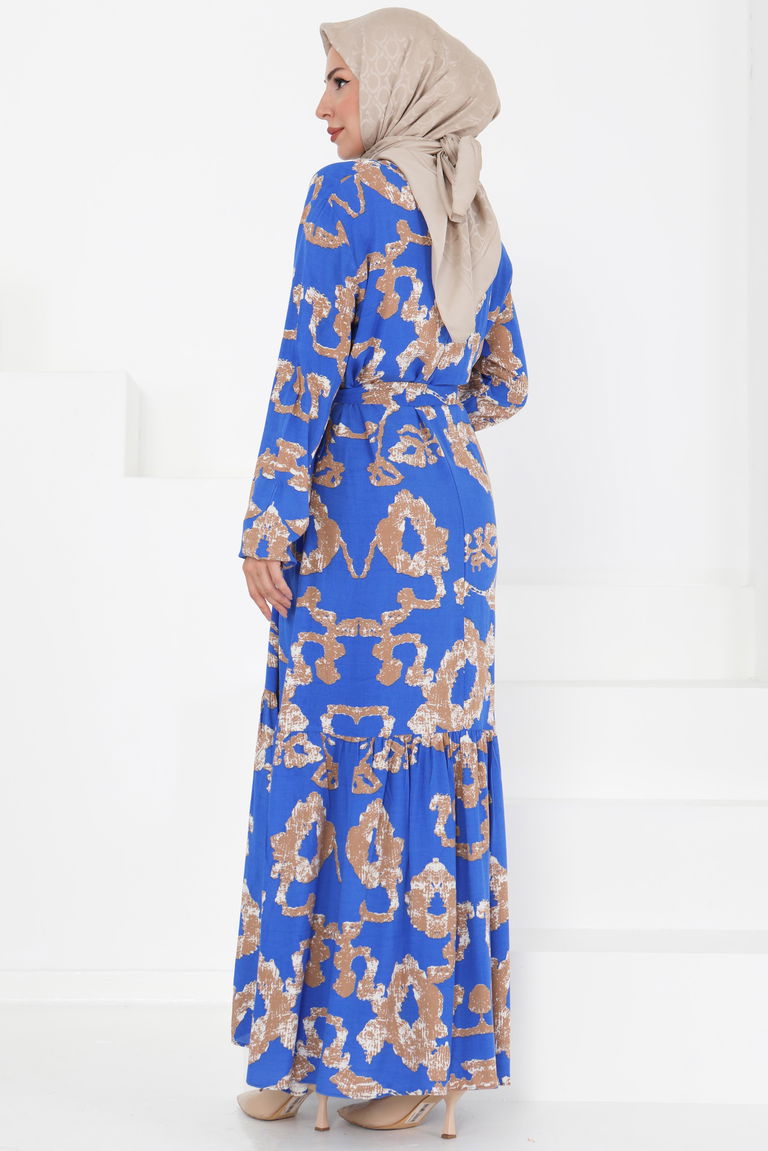 Desenli Kuşaklı Elbise - 27429 - TOFİSA