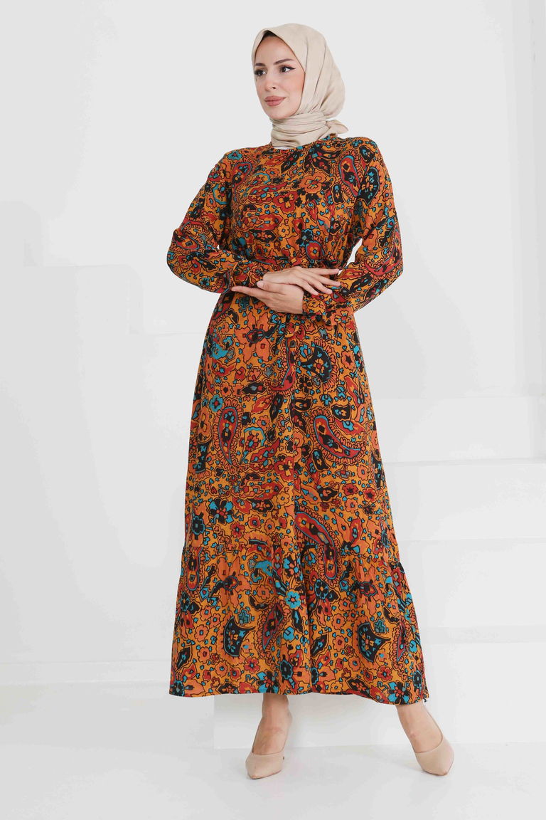 Desenli Kuşaklı Elbise - 27472 - TOFİSA