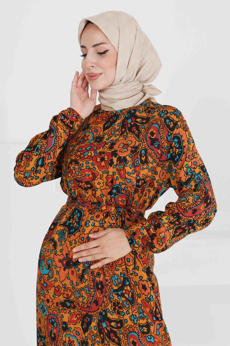 Desenli Kuşaklı Elbise - 27472 - TOFİSA