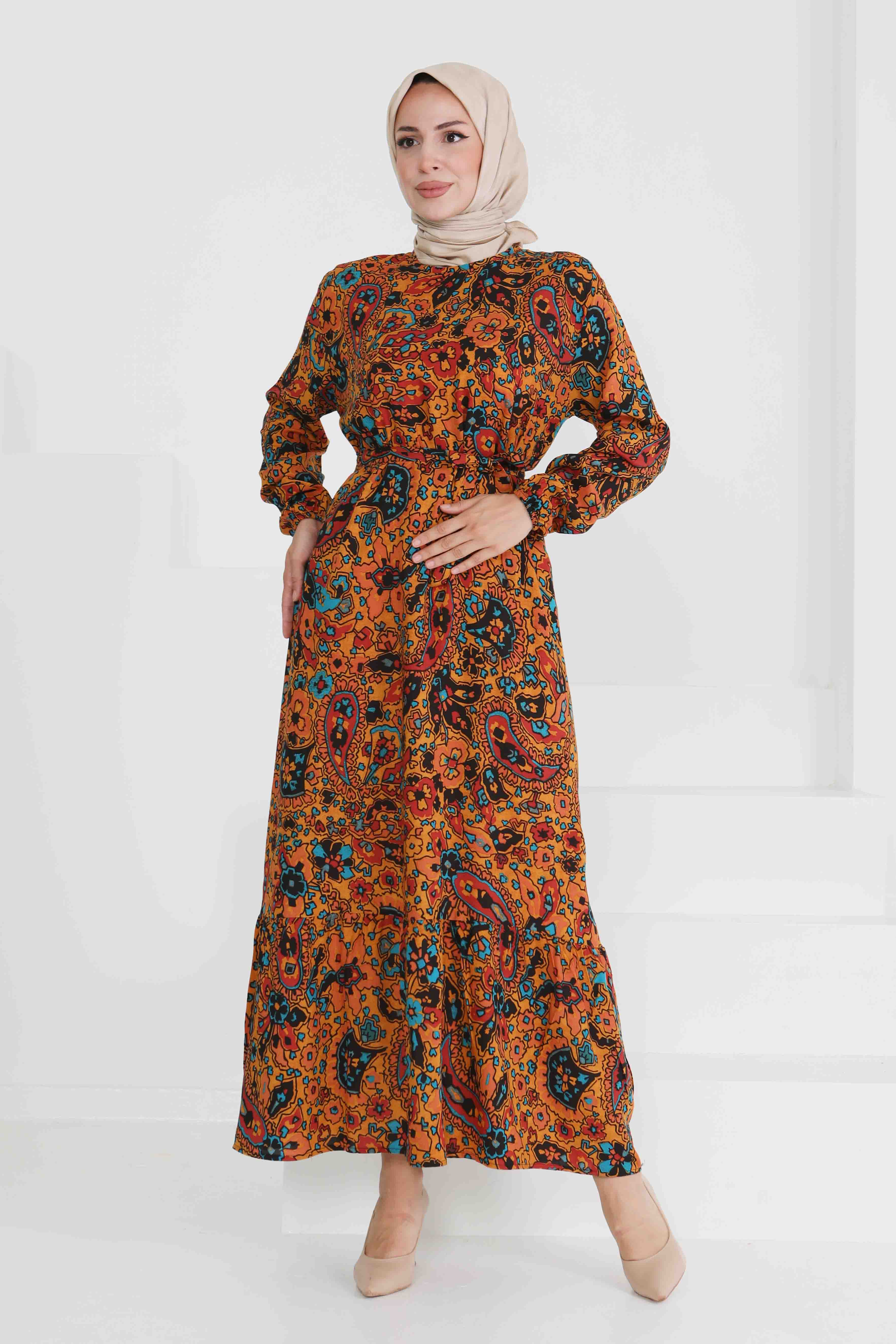 Desenli Kuşaklı Elbise - 27472 - 3