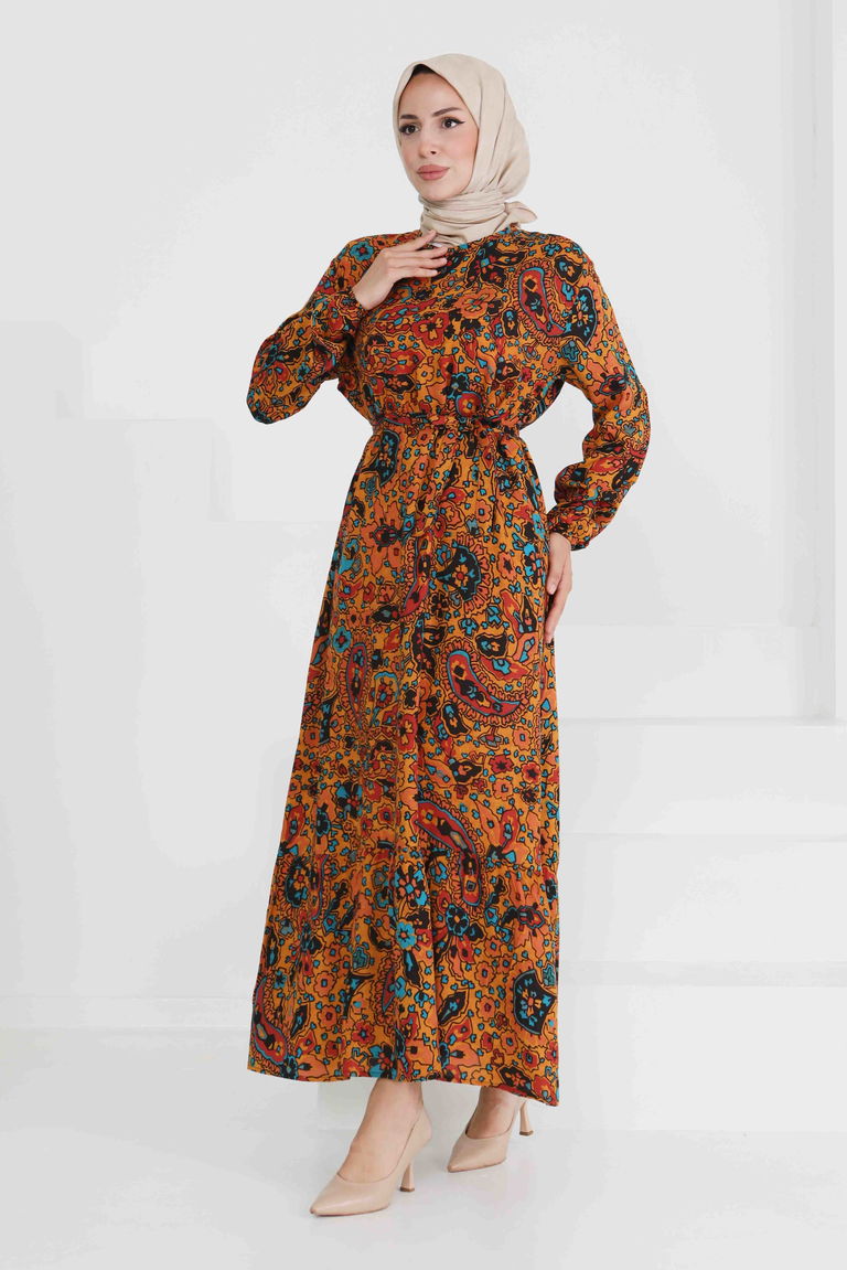 Desenli Kuşaklı Elbise - 27472 - TOFİSA