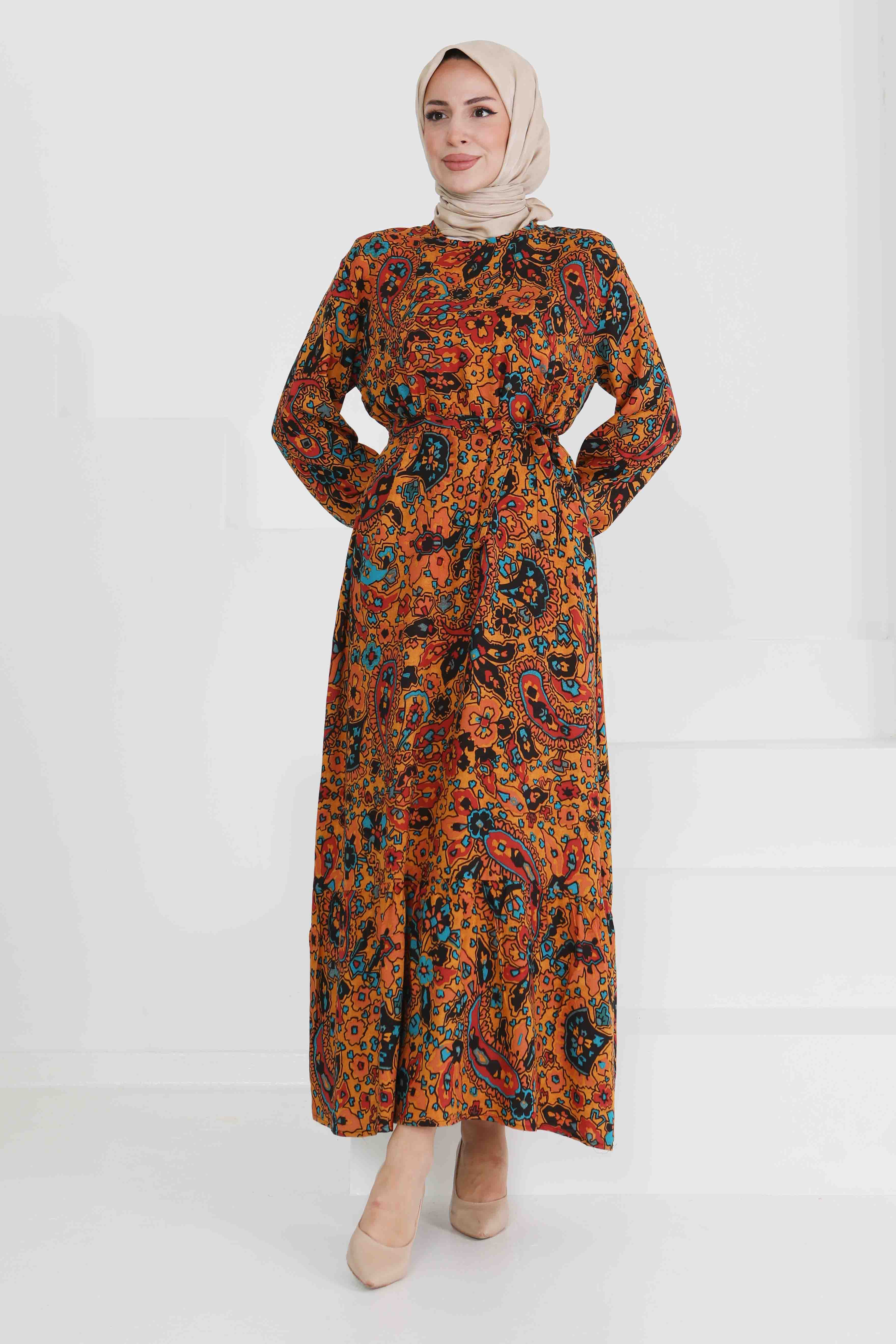 Desenli Kuşaklı Elbise - 27472 - 5