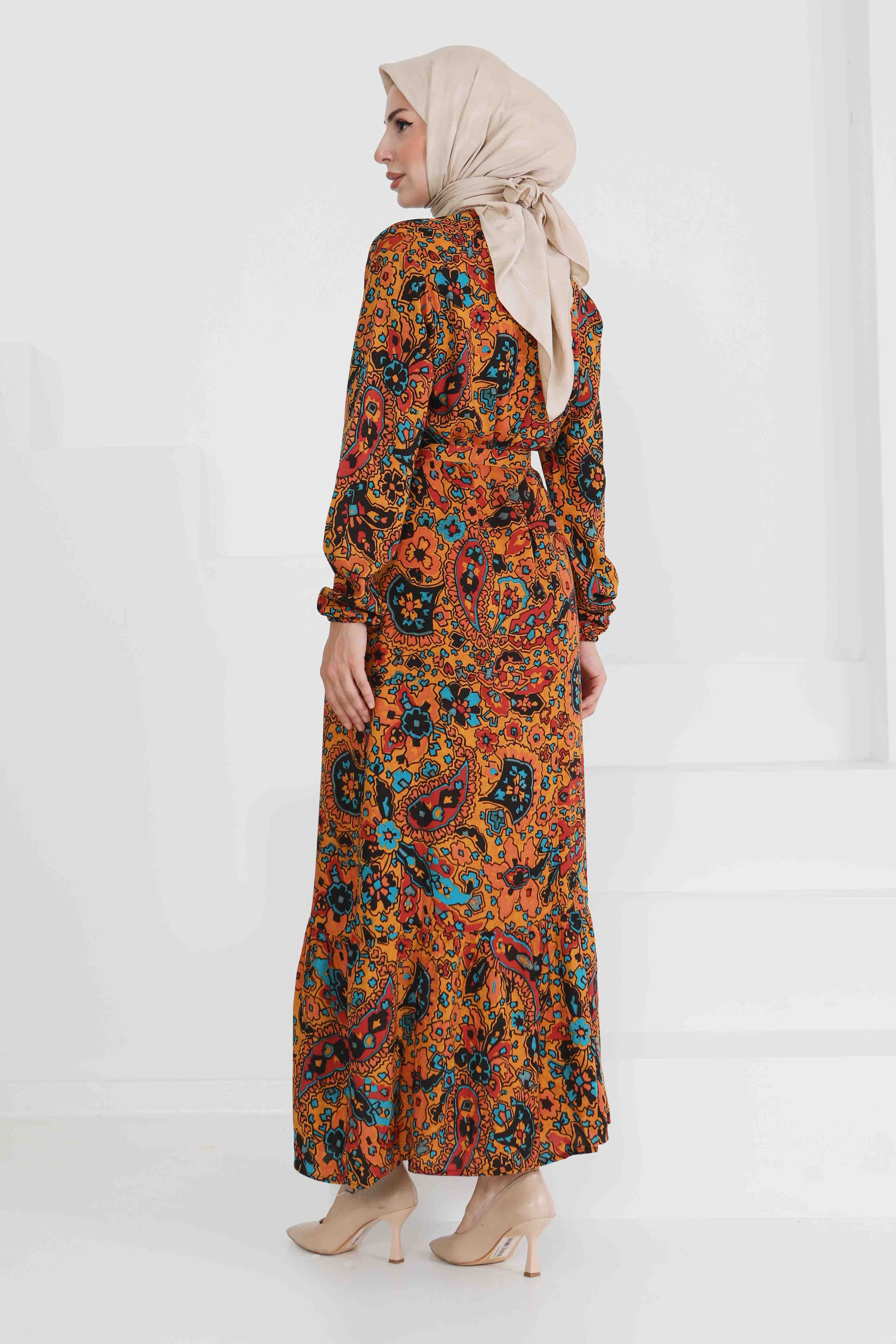 Desenli Kuşaklı Elbise - 27472 - 6