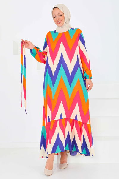 Desenli Kuşaklı Elbise - 27516 