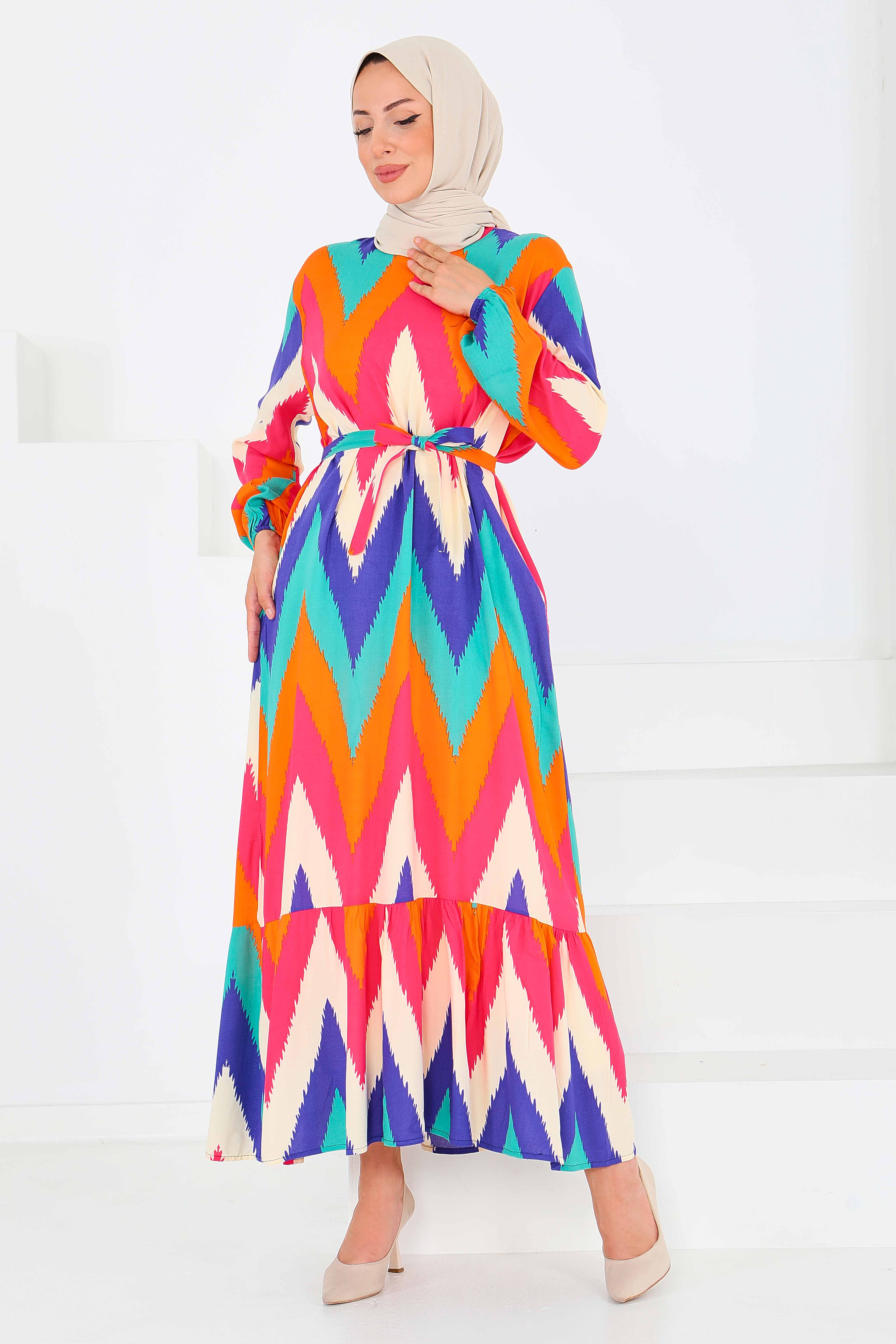 Desenli Kuşaklı Elbise - 27516 - 2