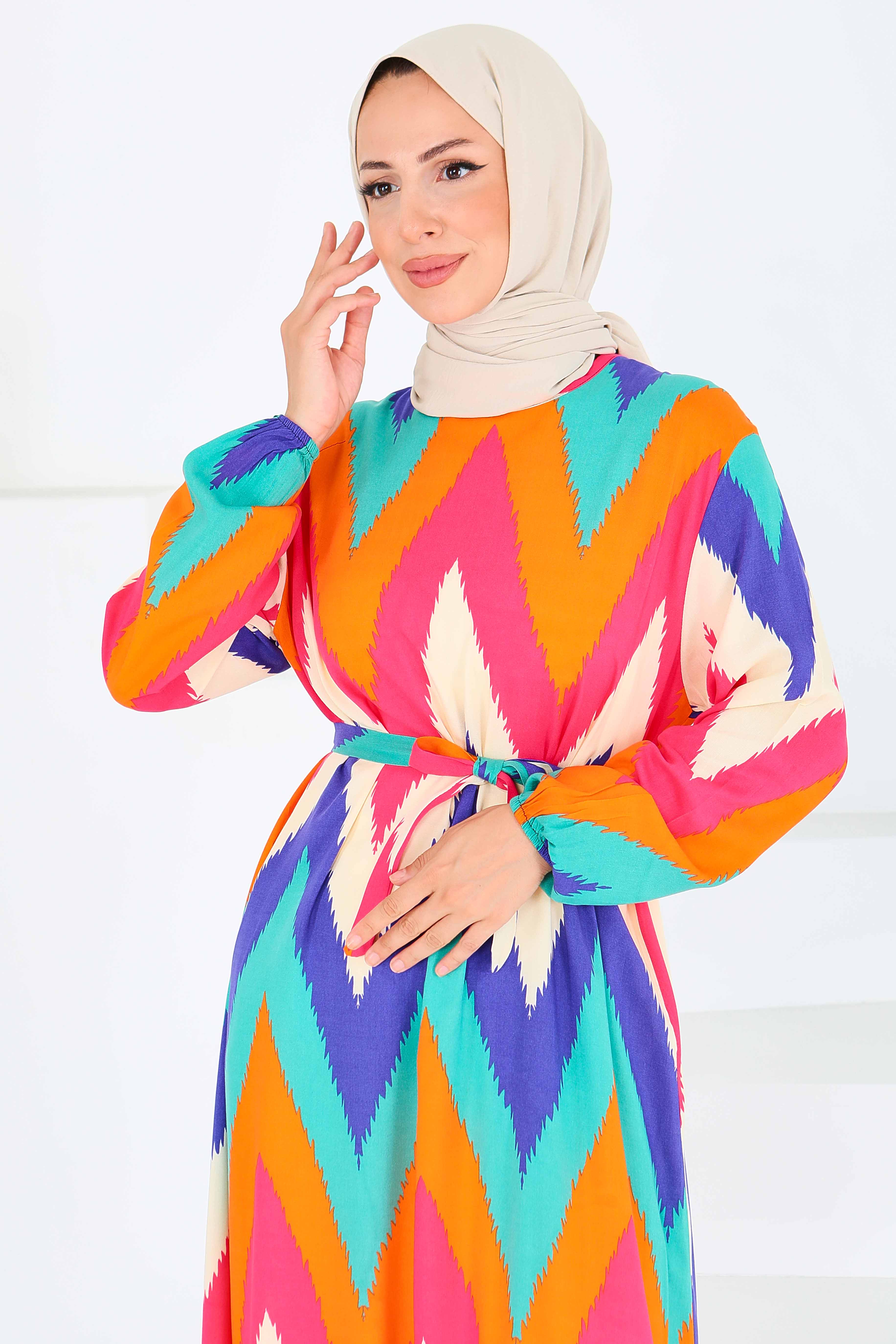 Desenli Kuşaklı Elbise - 27516 - 3