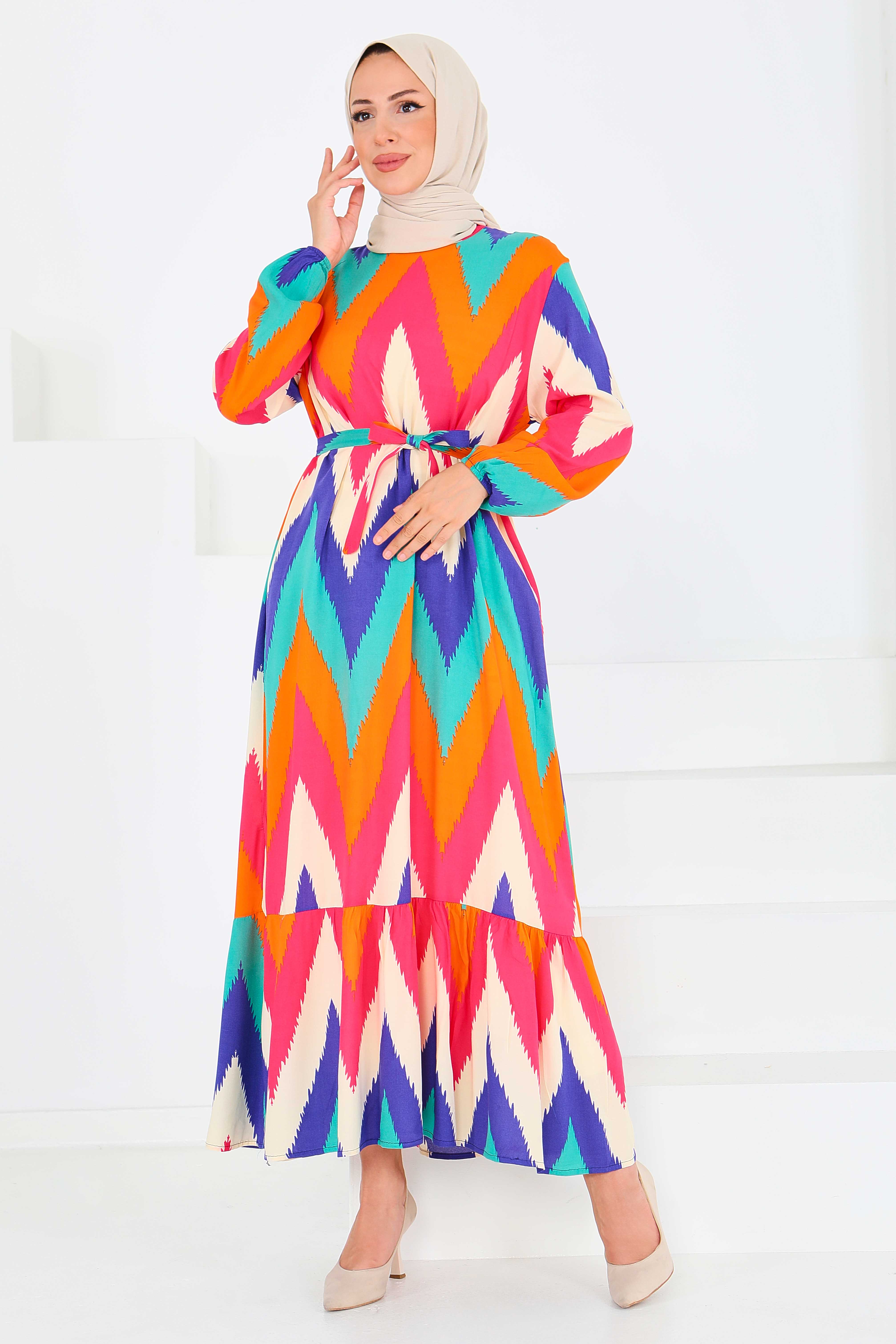 Desenli Kuşaklı Elbise - 27516 - 4