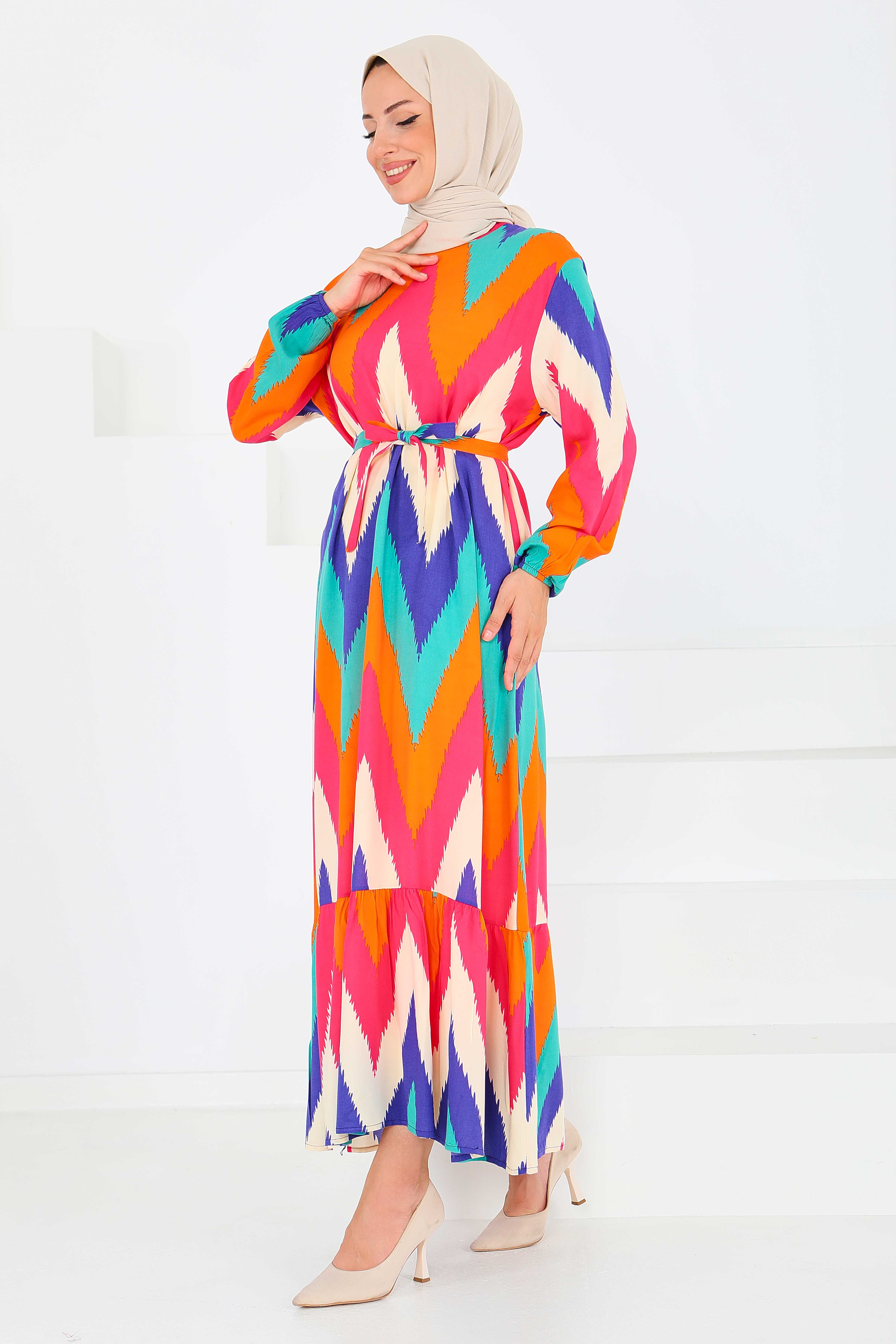 Desenli Kuşaklı Elbise - 27516 - 5