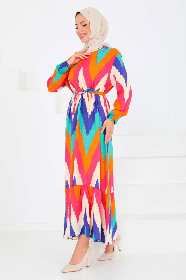 Desenli Kuşaklı Elbise - 27516 - TOFİSA