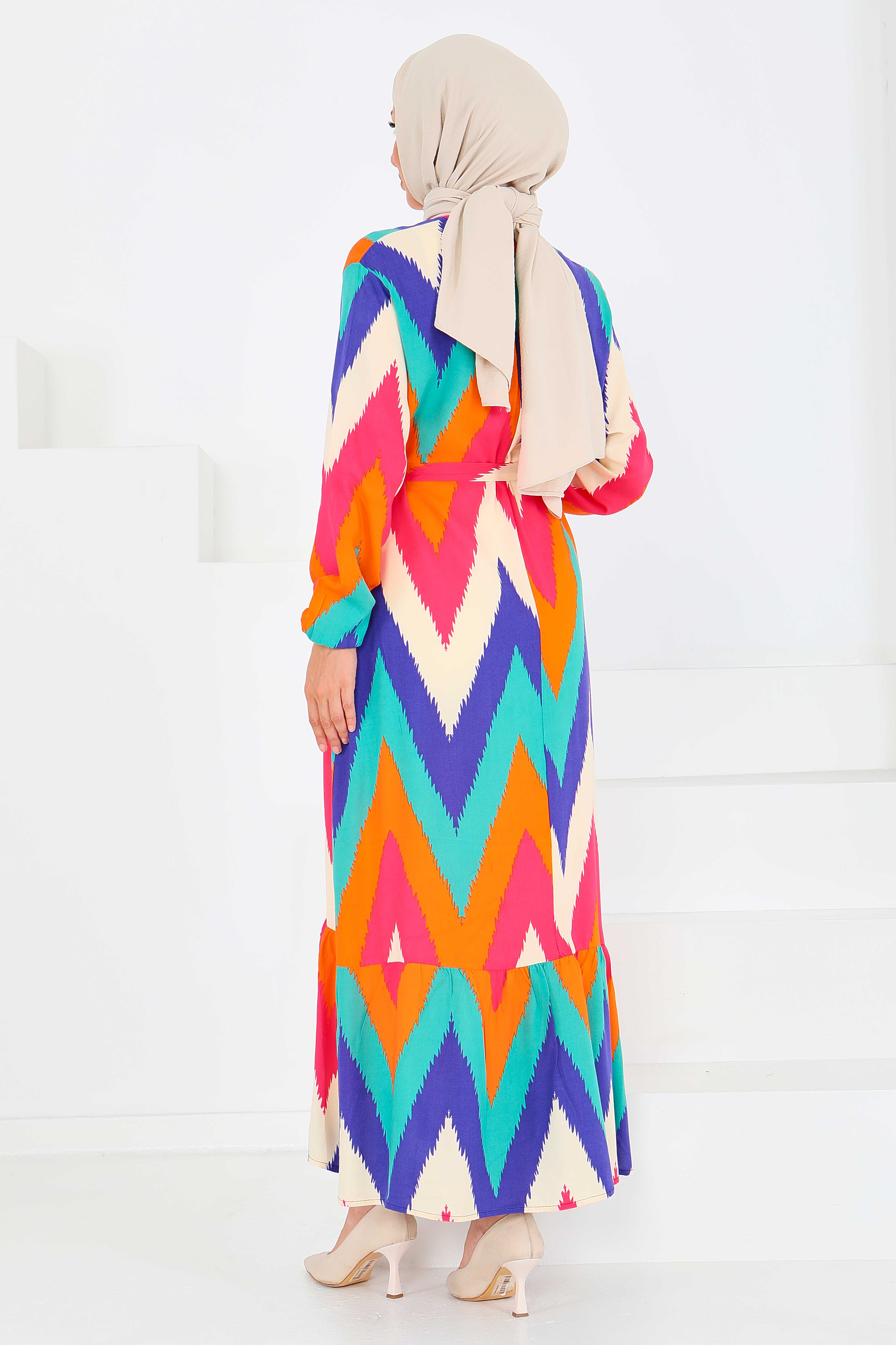 Desenli Kuşaklı Elbise - 27516 - 6