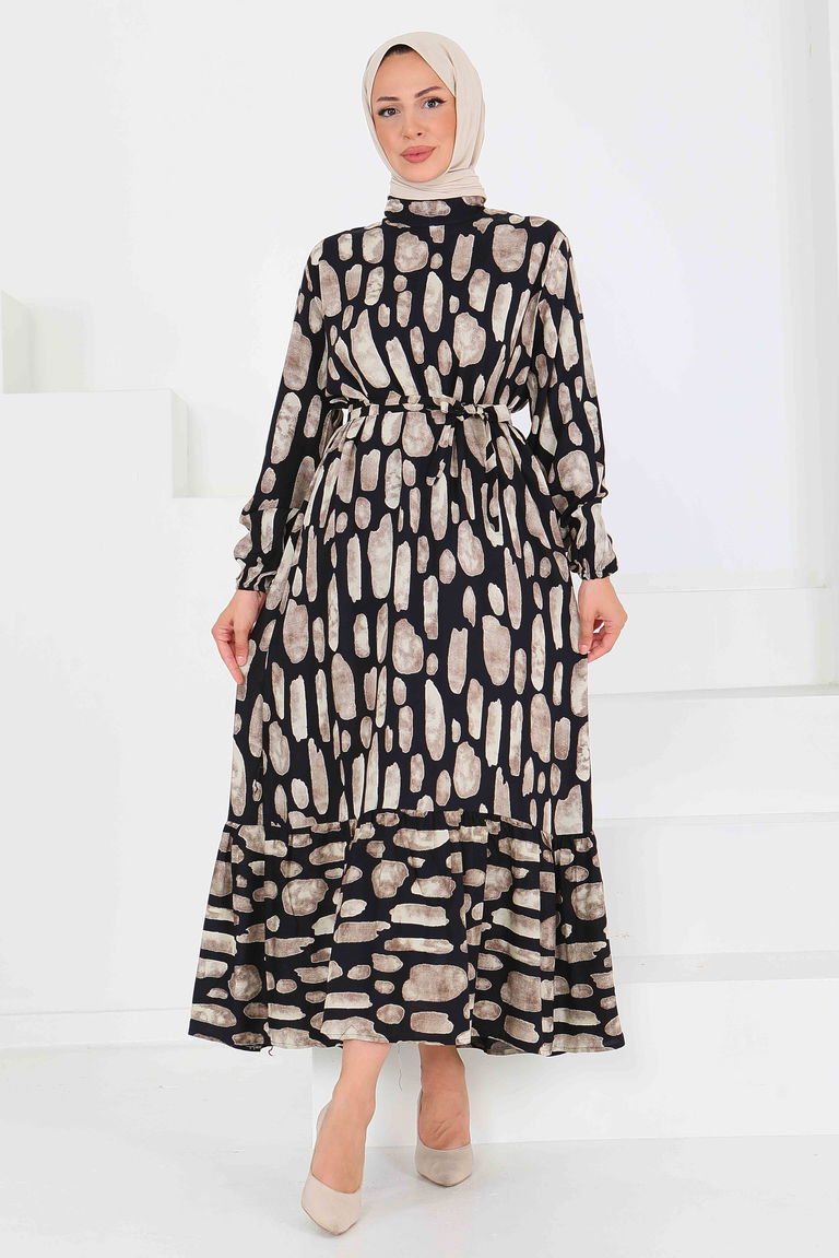 Desenli Kuşaklı Elbise - 27519 - TOFİSA