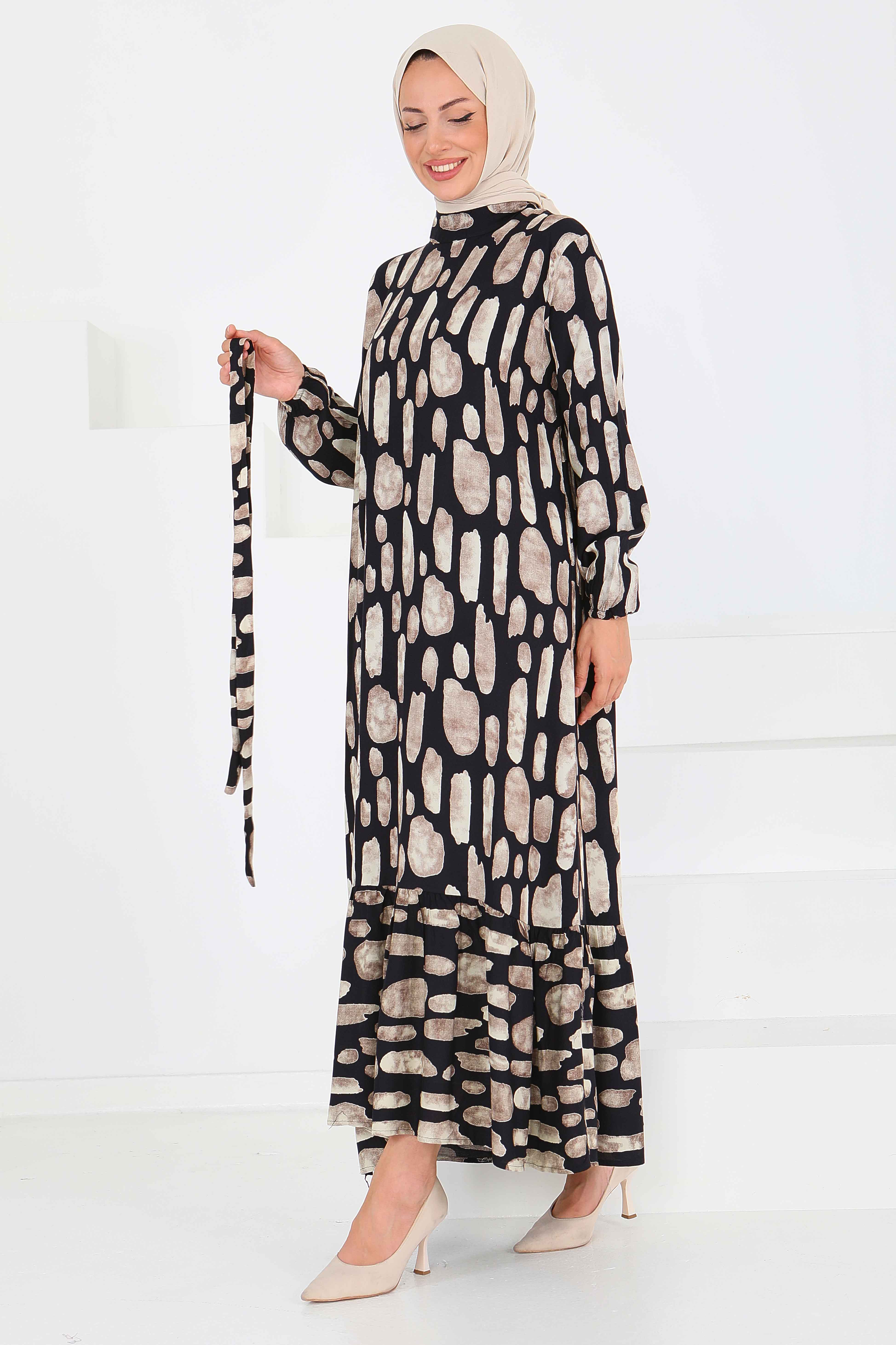 Desenli Kuşaklı Elbise - 27519 - 2
