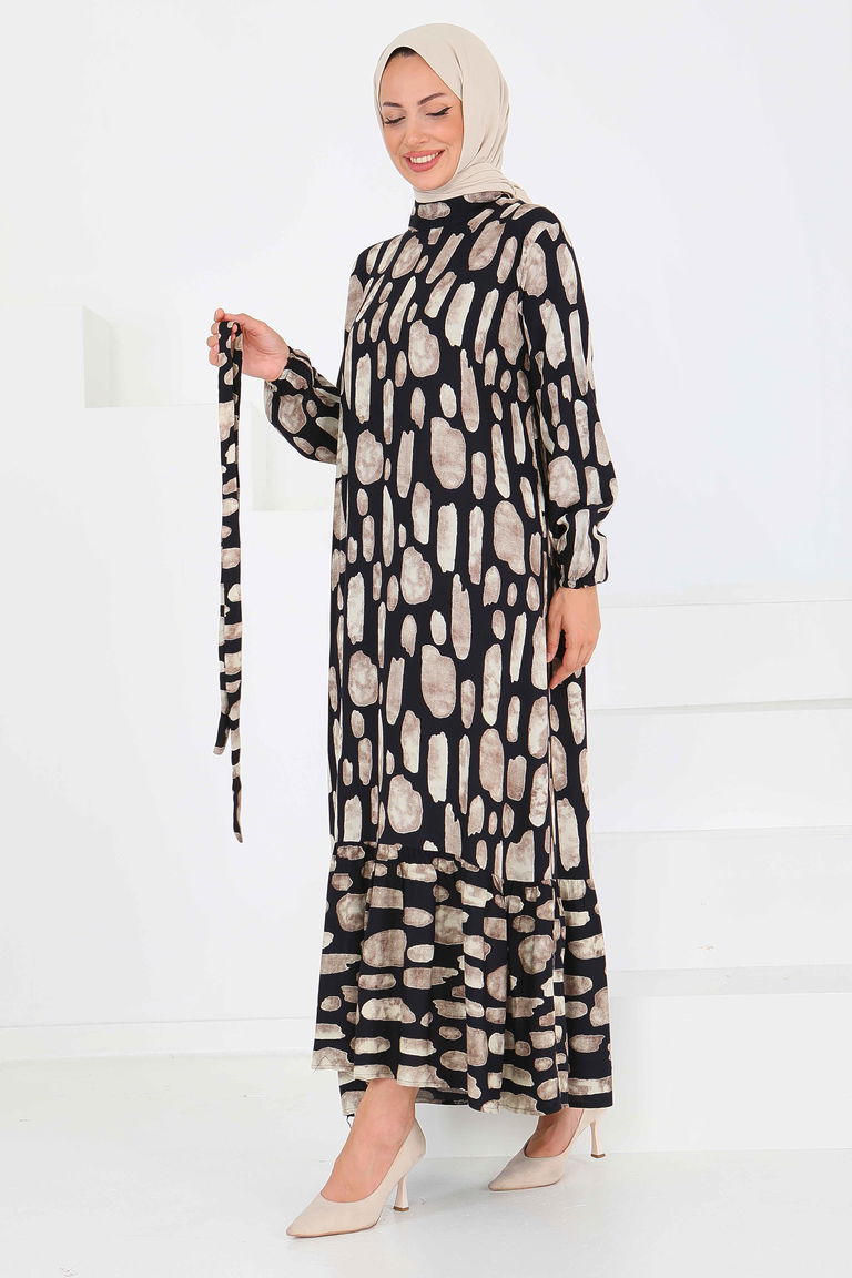 Desenli Kuşaklı Elbise - 27519 - TOFİSA