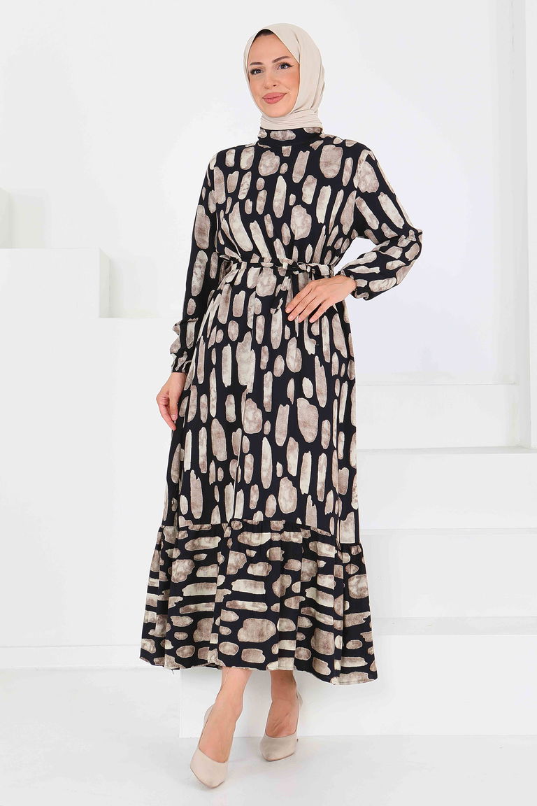 Desenli Kuşaklı Elbise - 27519 - TOFİSA