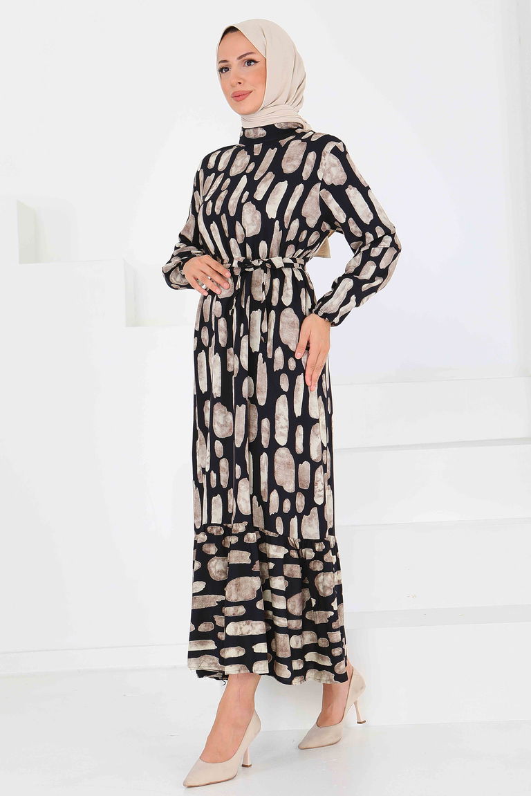 Desenli Kuşaklı Elbise - 27519 - TOFİSA