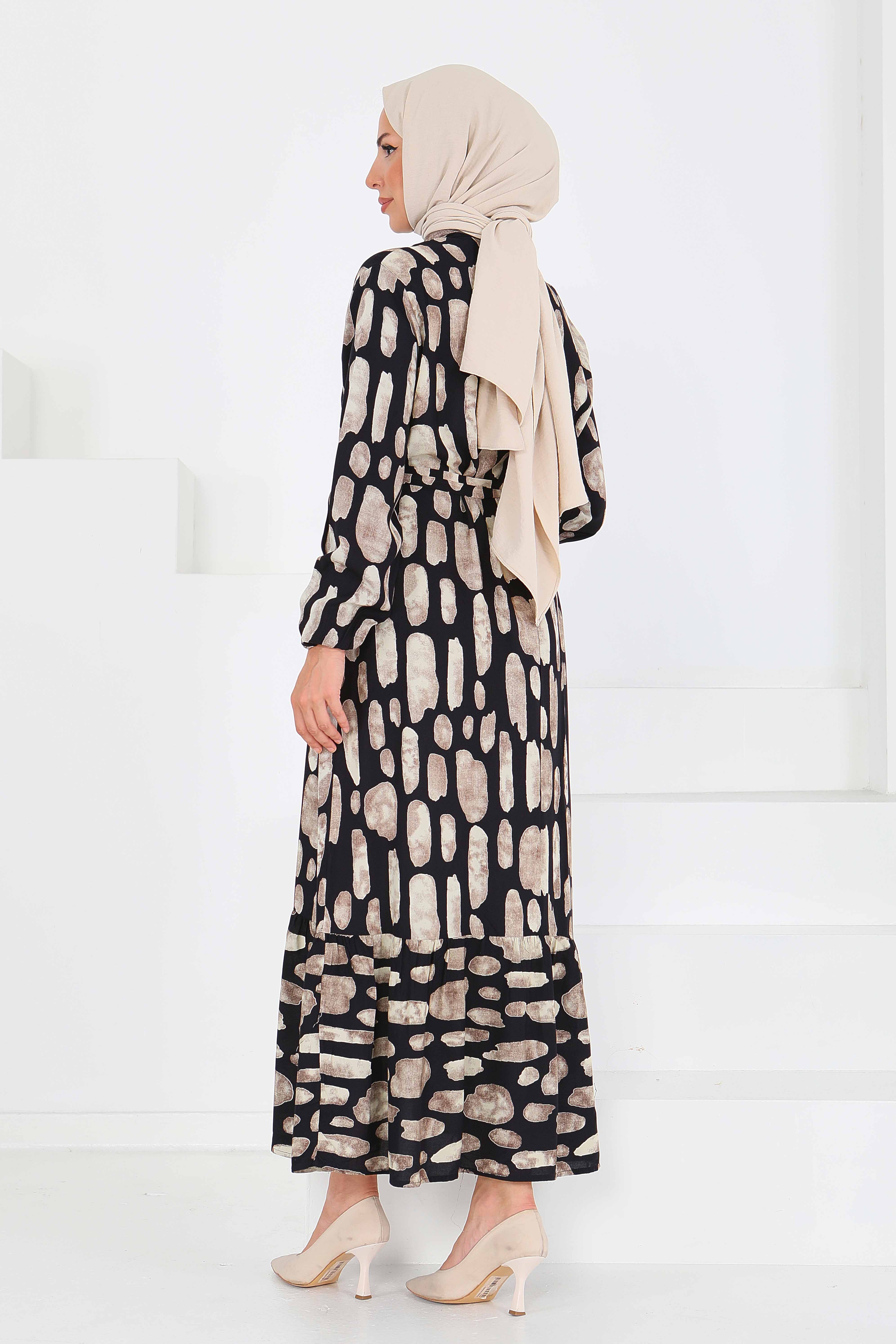 Desenli Kuşaklı Elbise - 27519 - 6