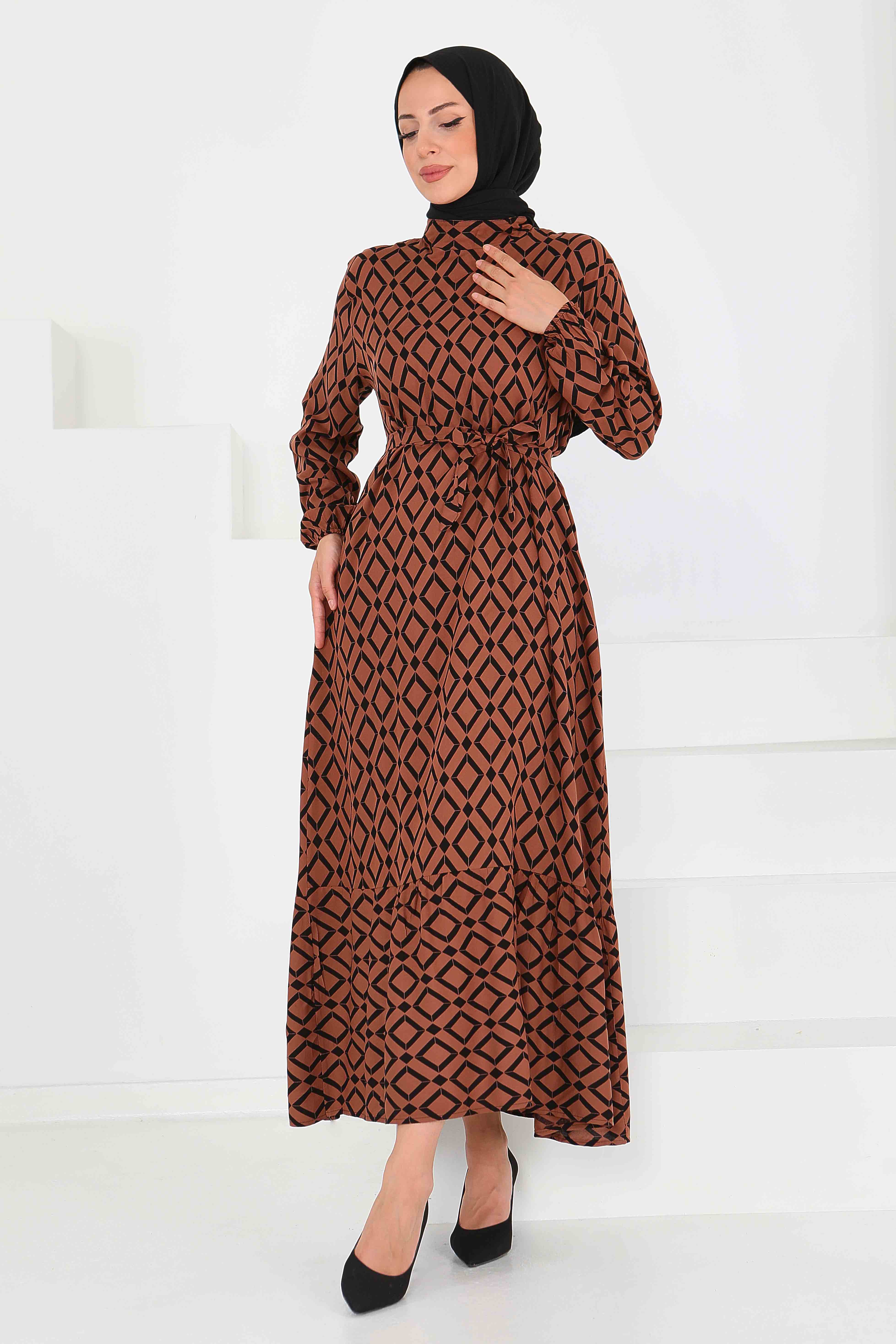 Desenli Kuşaklı Elbise - 27520 - 1