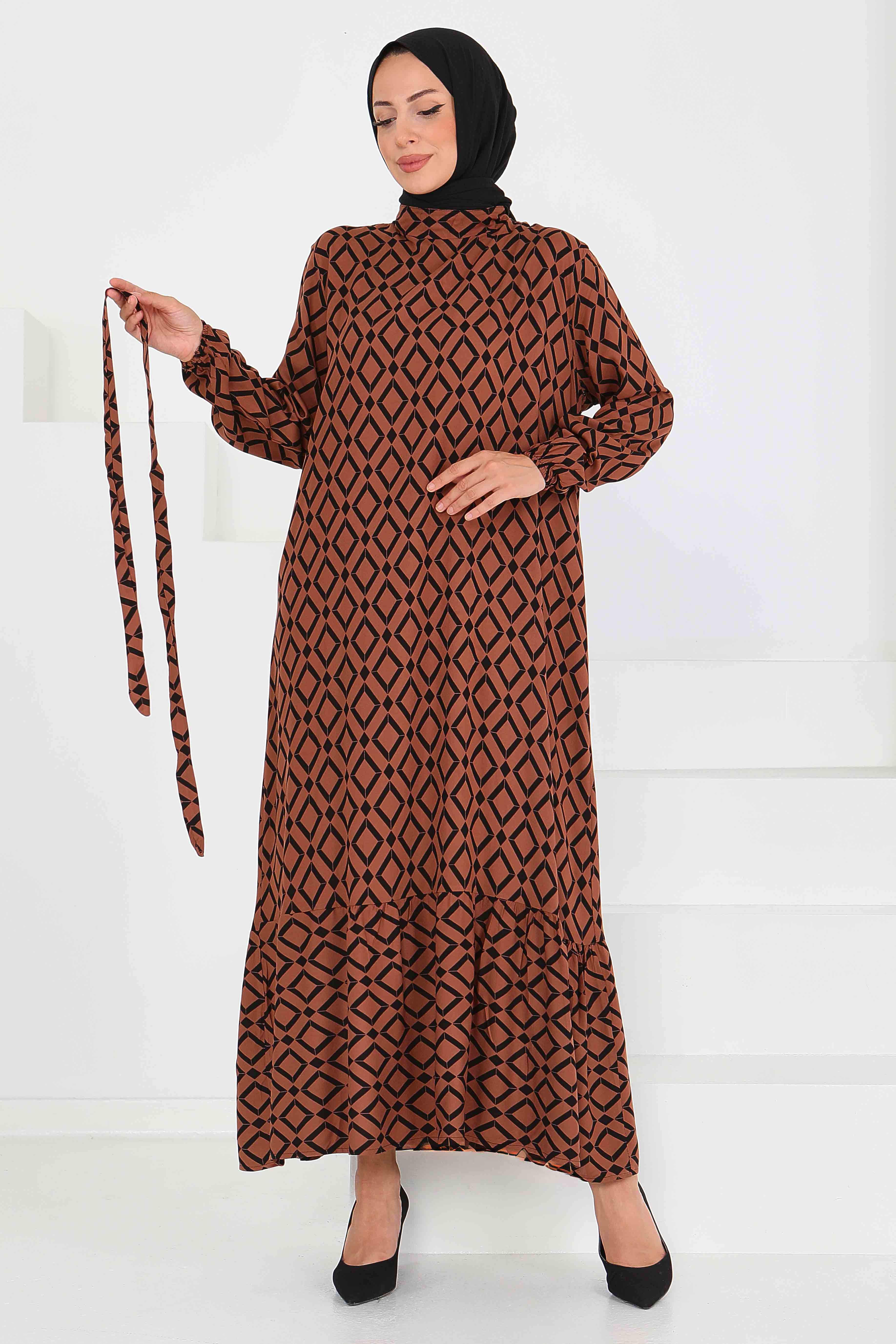 Desenli Kuşaklı Elbise - 27520 - 2