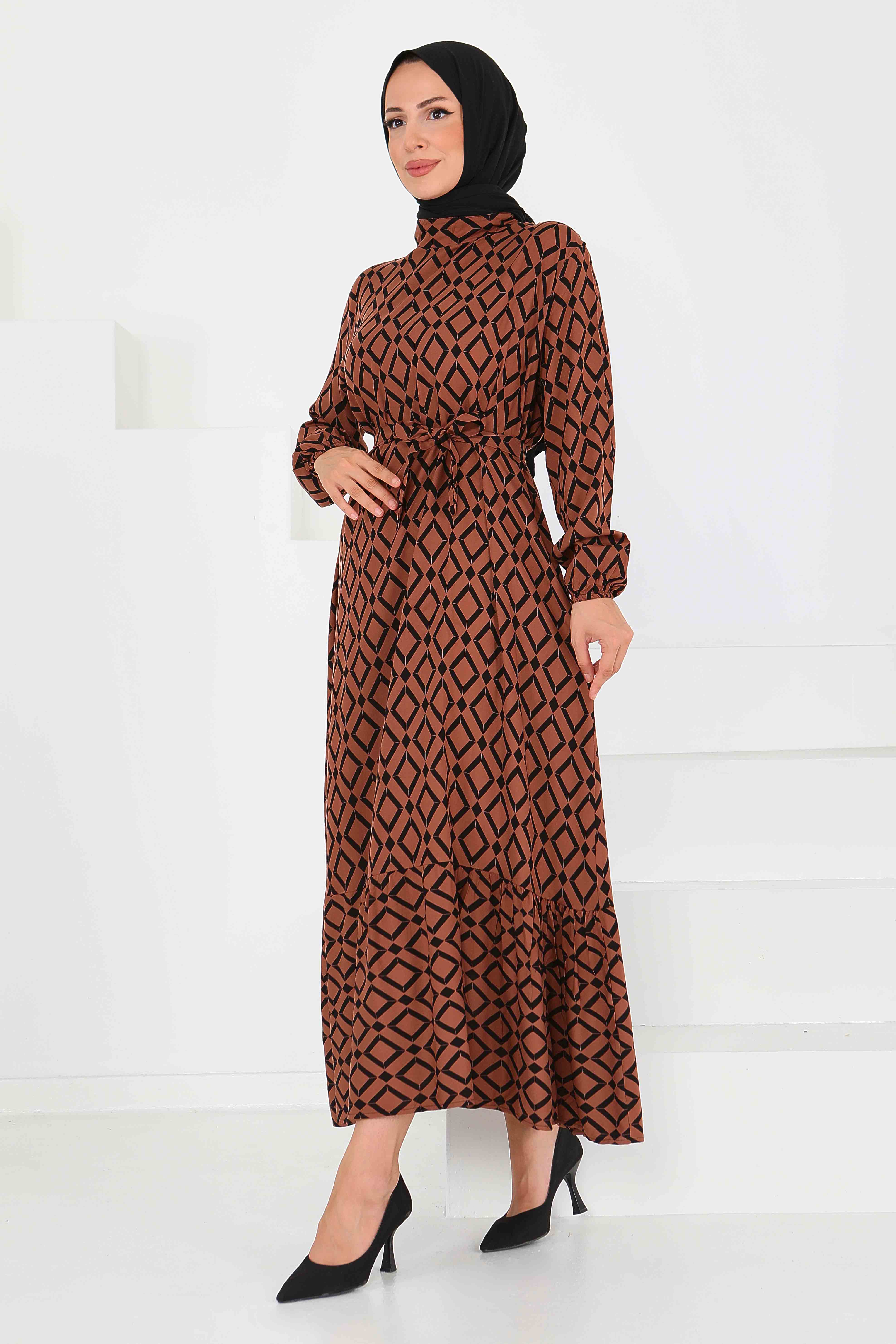 Desenli Kuşaklı Elbise - 27520 - 4