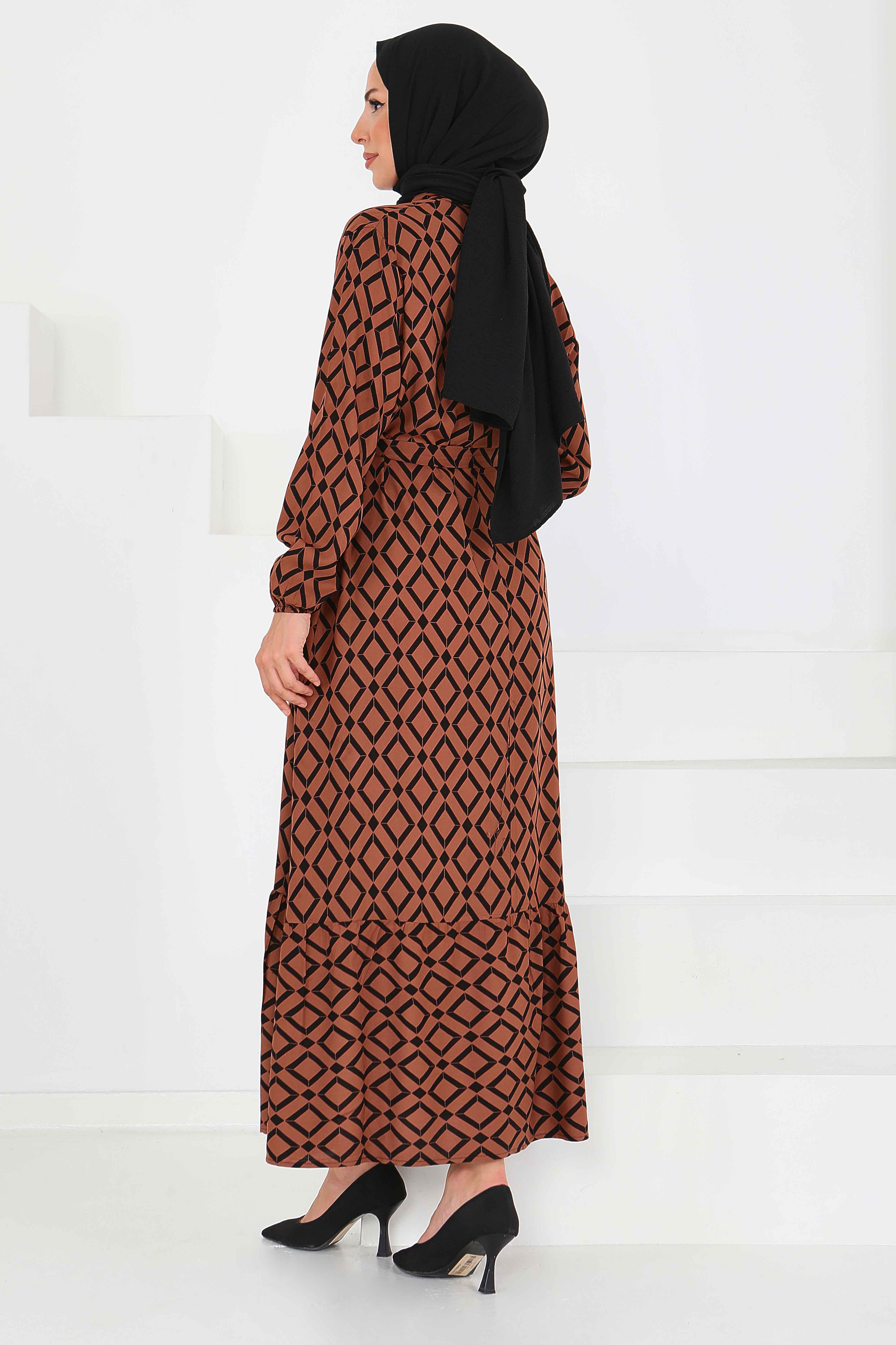 Desenli Kuşaklı Elbise - 27520 - 6