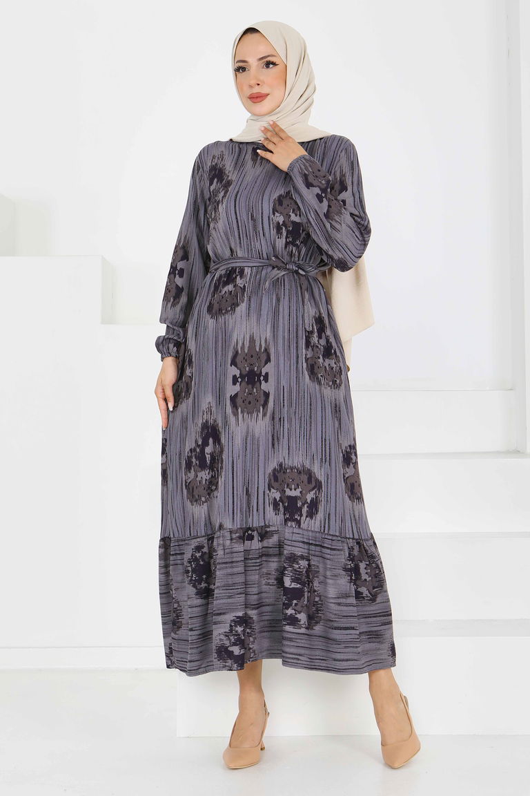 Desenli Kuşaklı Elbise - 27558 - TOFİSA