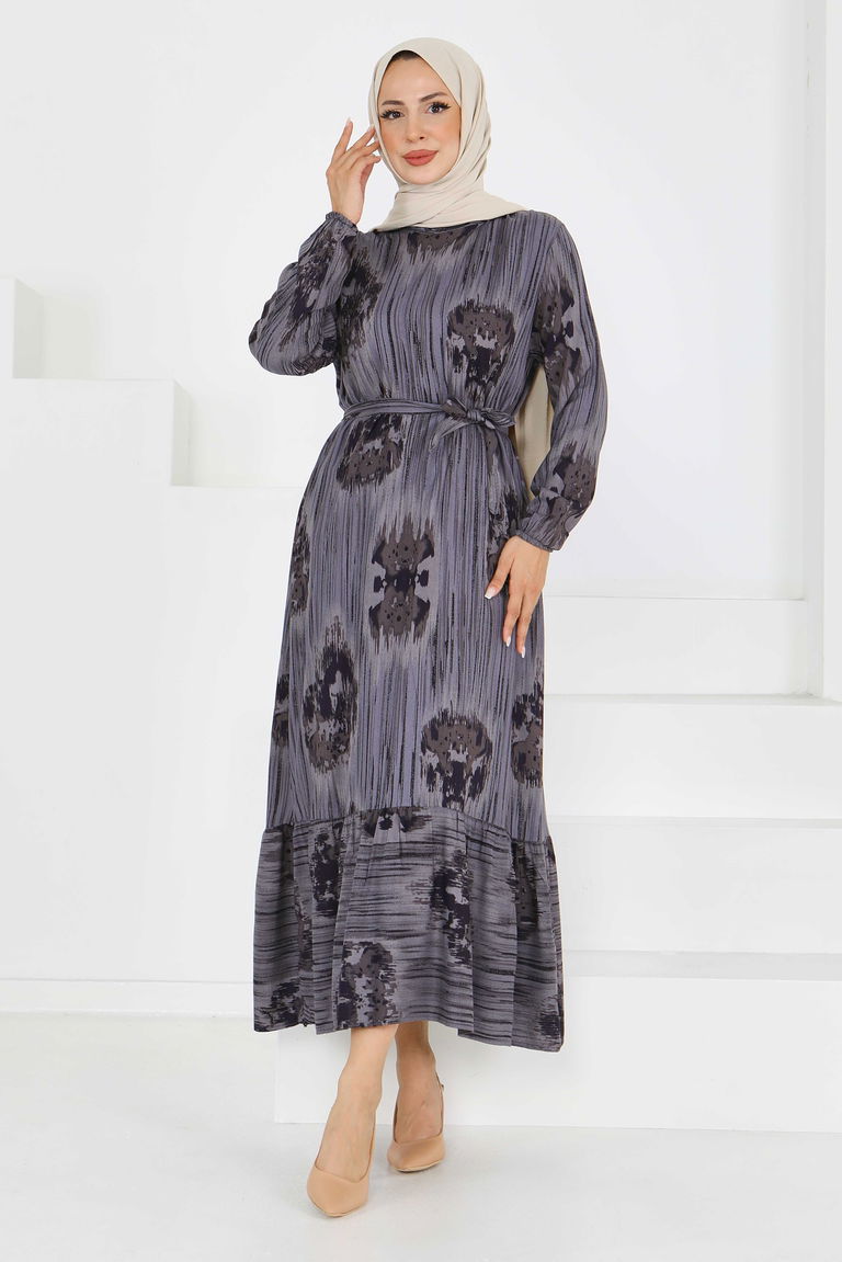 Desenli Kuşaklı Elbise - 27558 - TOFİSA