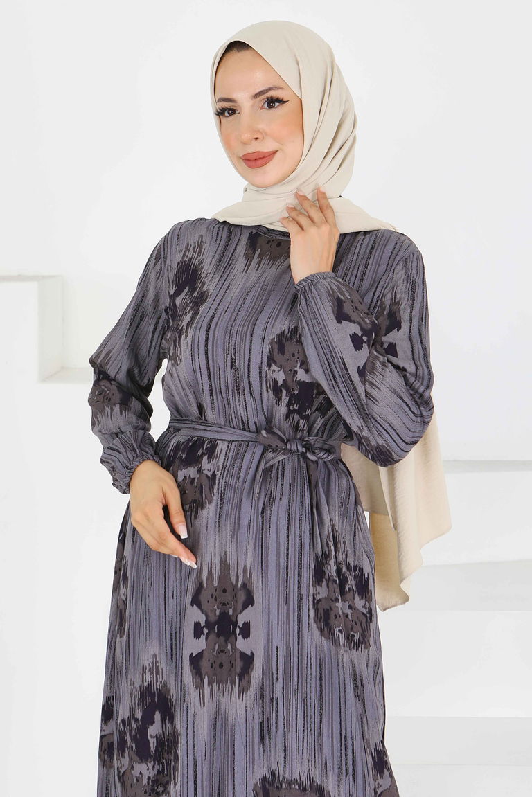 Desenli Kuşaklı Elbise - 27558 - TOFİSA