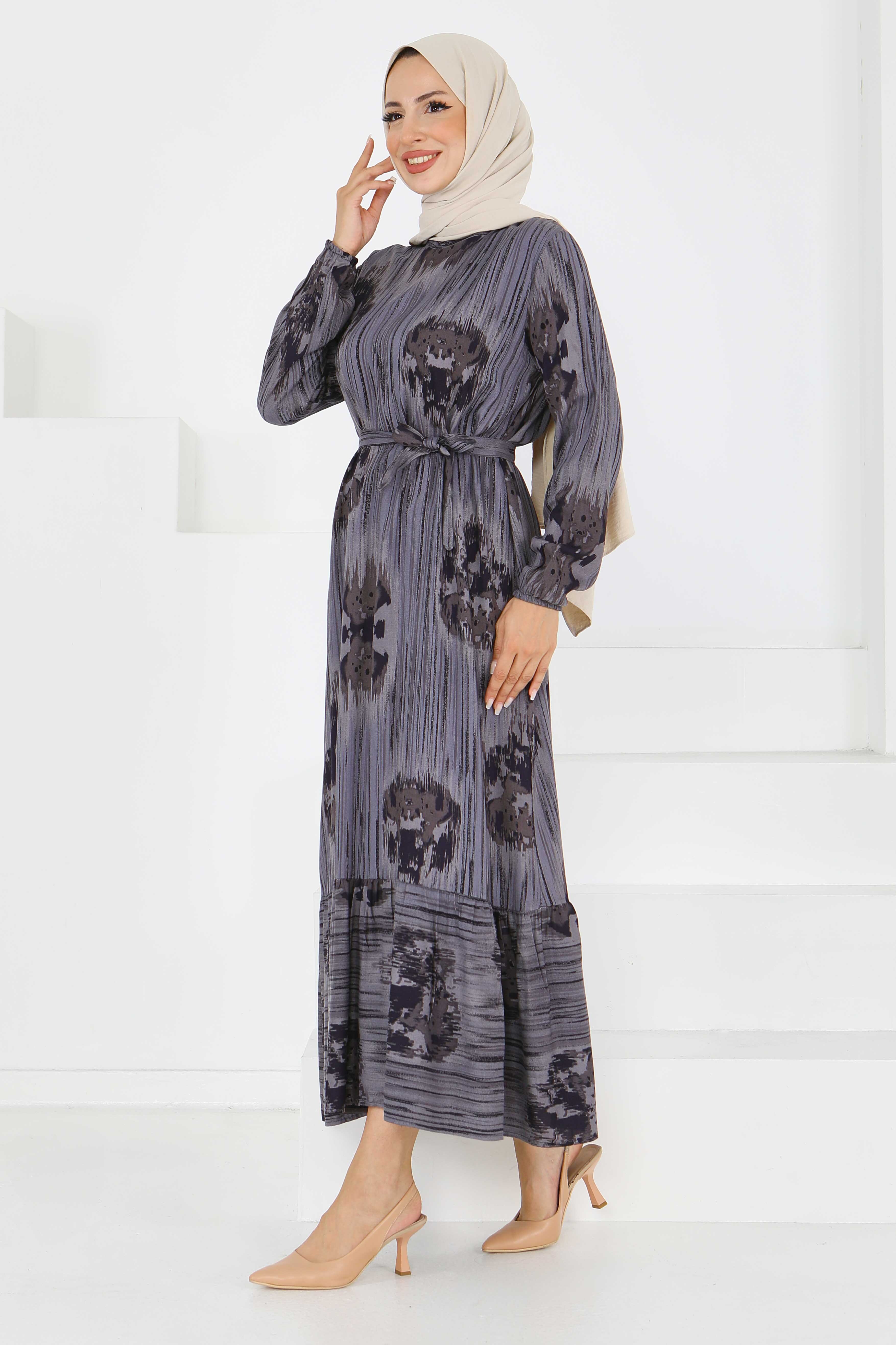 Desenli Kuşaklı Elbise - 27558 - 4