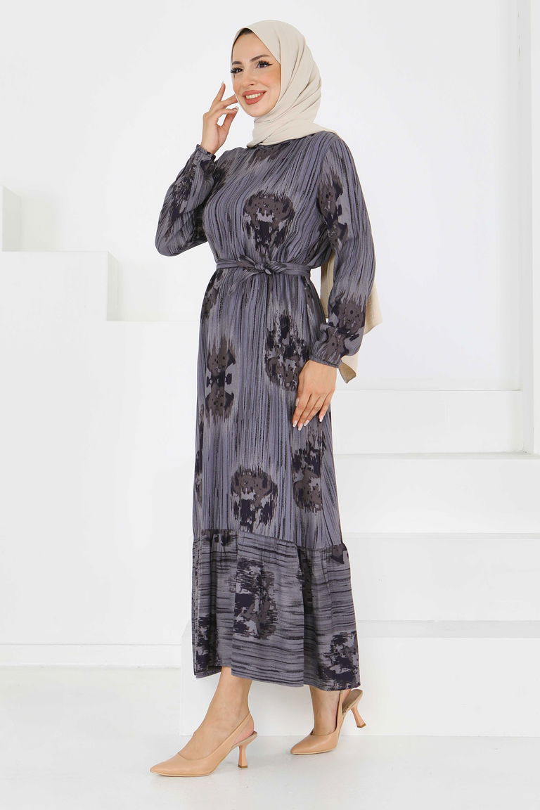 Desenli Kuşaklı Elbise - 27558 - TOFİSA