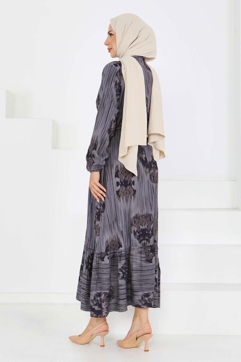 Desenli Kuşaklı Elbise - 27558 - TOFİSA