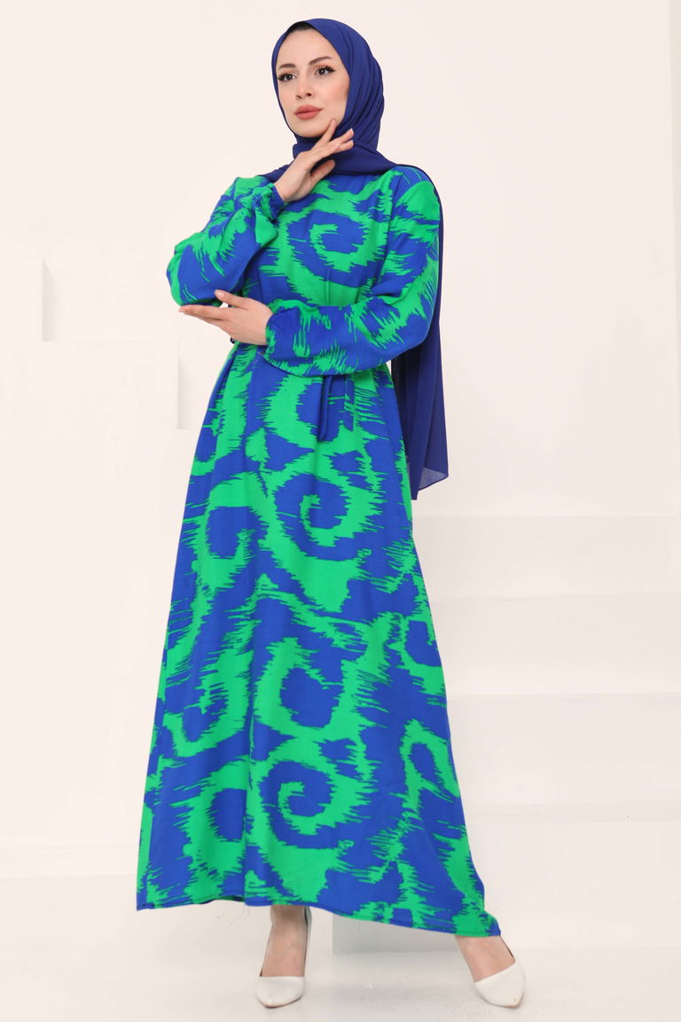 Desenli Kuşaklı Elbise Yesil - 27039 - TOFİSA