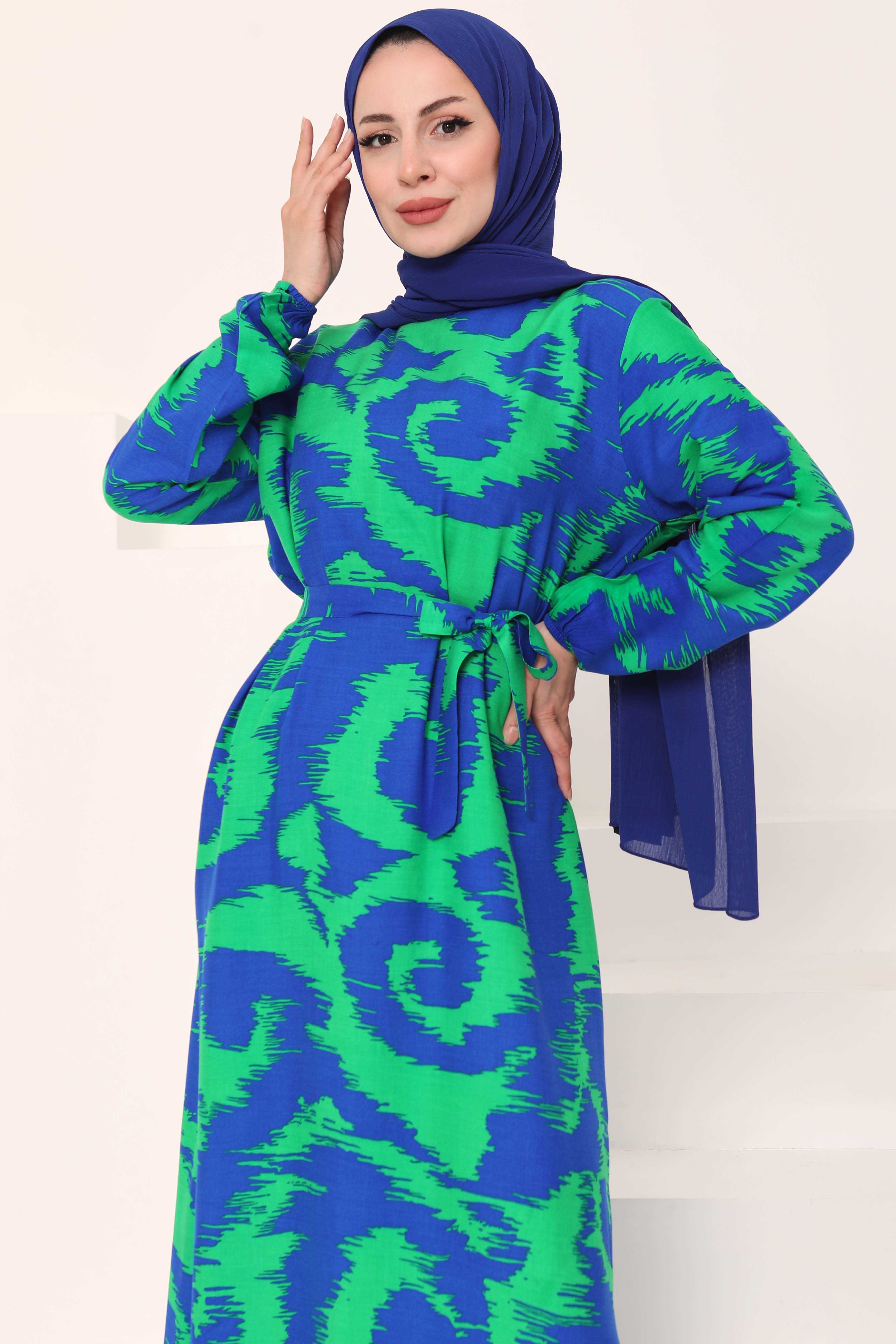 Desenli Kuşaklı Elbise Yesil - 27039 - 2