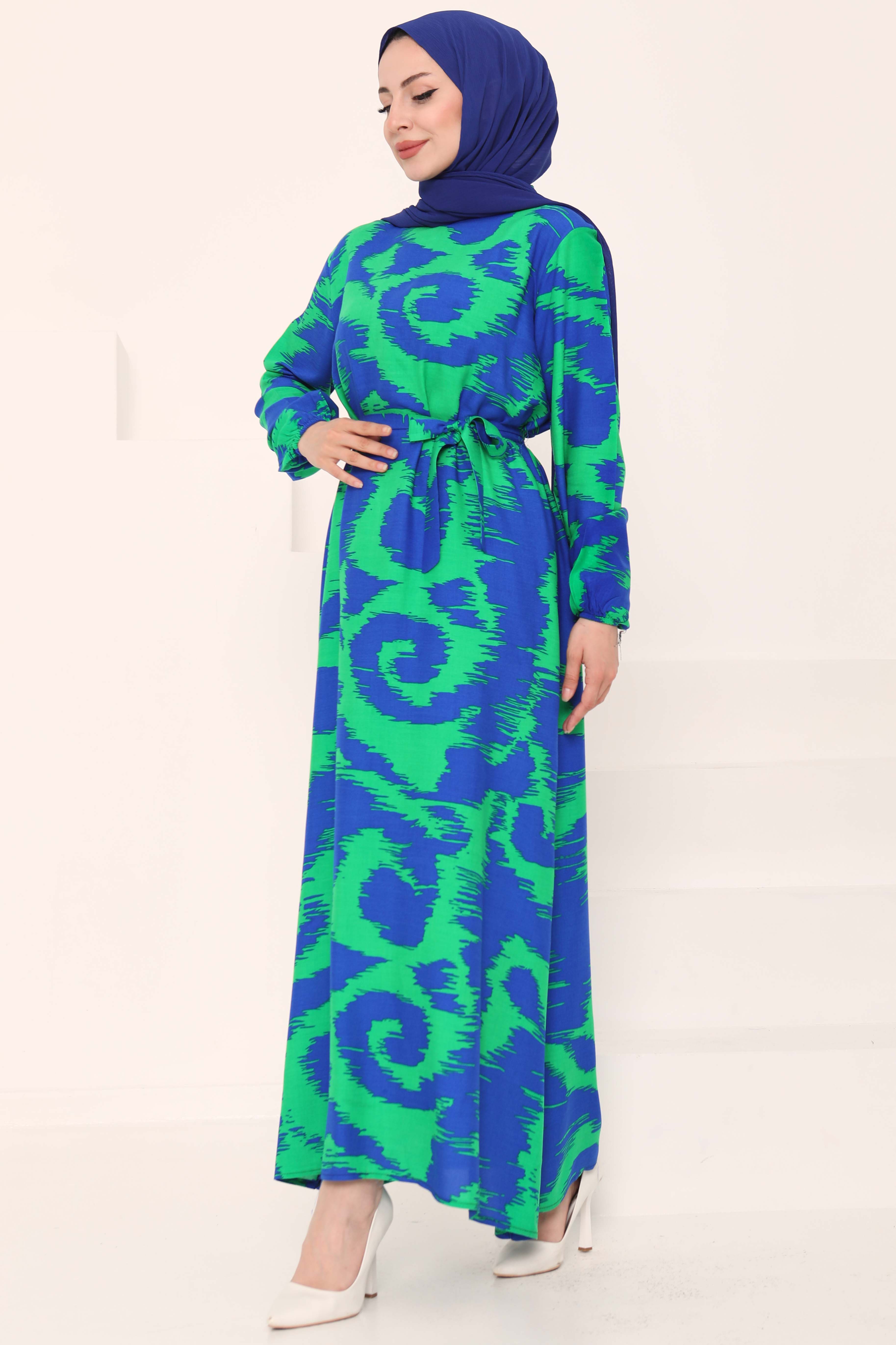 Desenli Kuşaklı Elbise Yesil - 27039 - 4