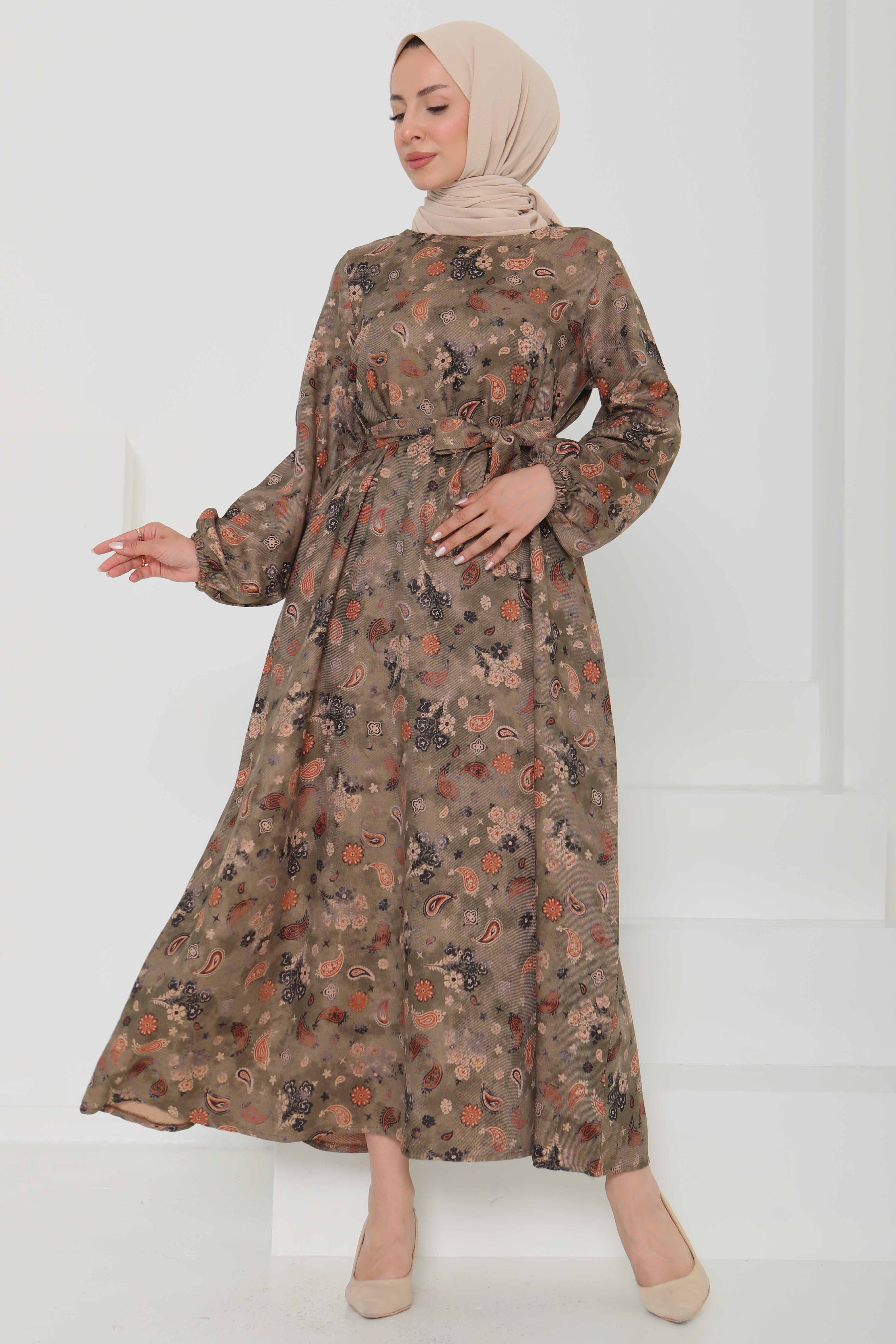 Desenli Kuşaklı Elbise - 27101 - 1