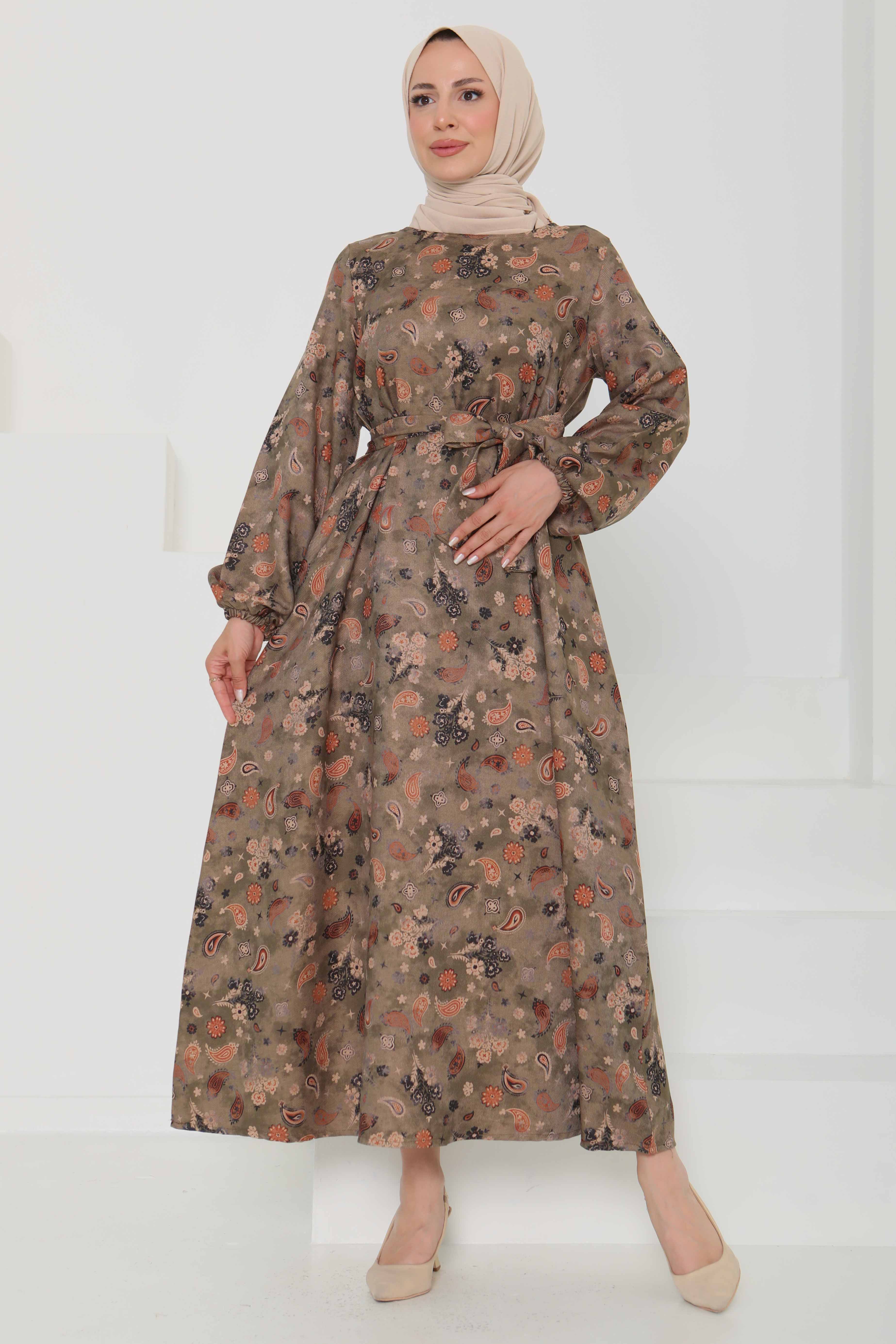 Desenli Kuşaklı Elbise - 27101 - 2