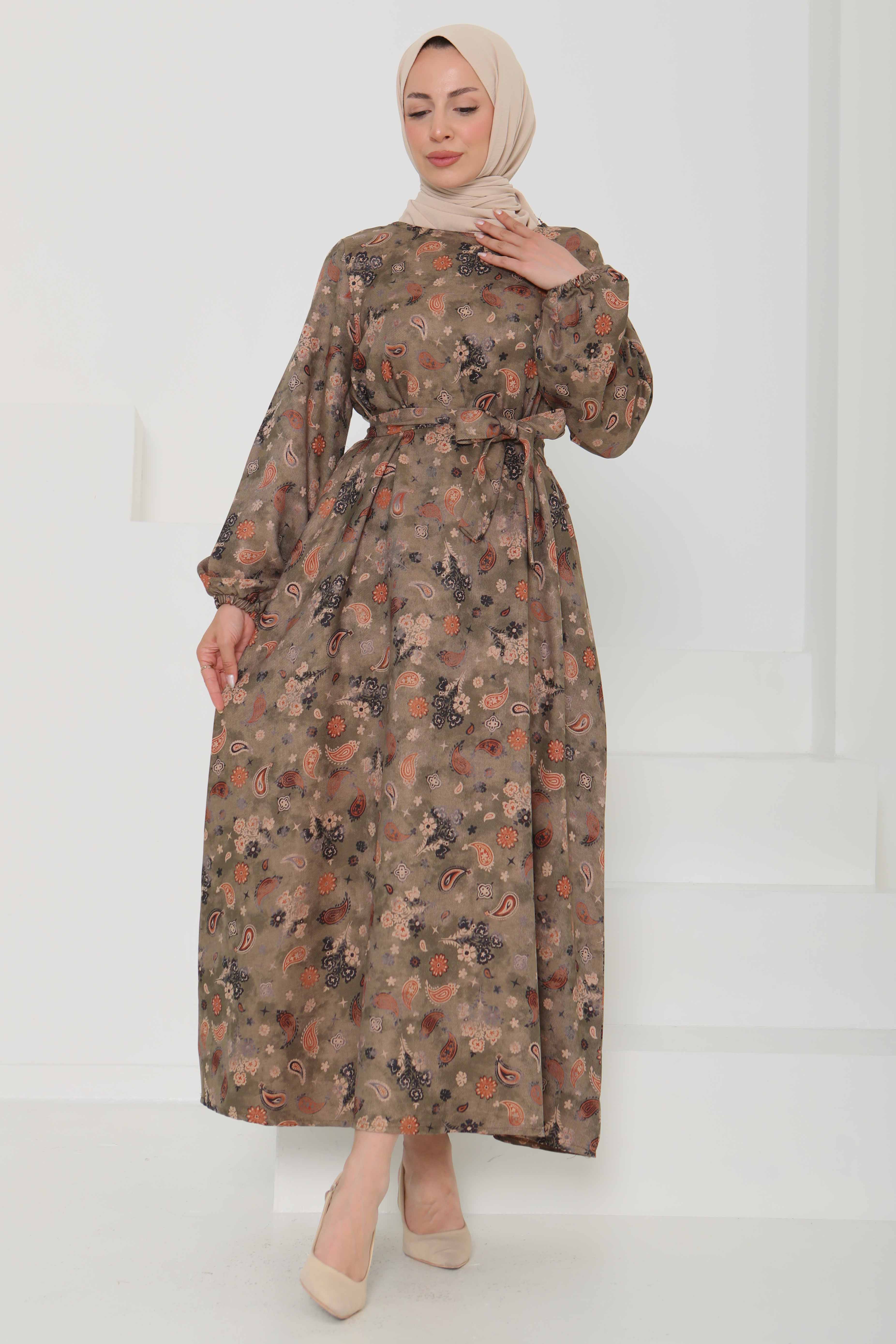 Desenli Kuşaklı Elbise - 27101 - 5