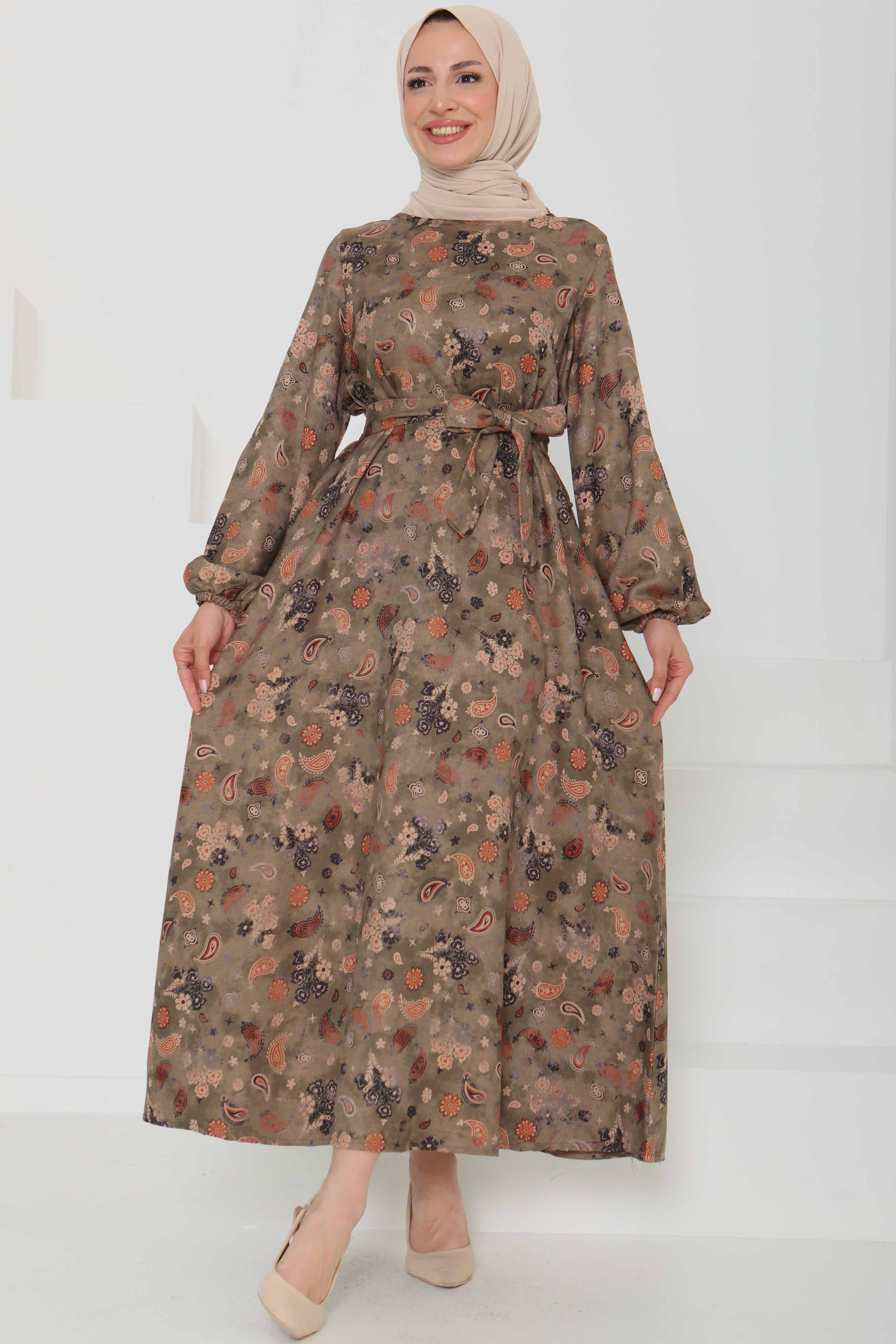 Desenli Kuşaklı Elbise - 27101 - 6