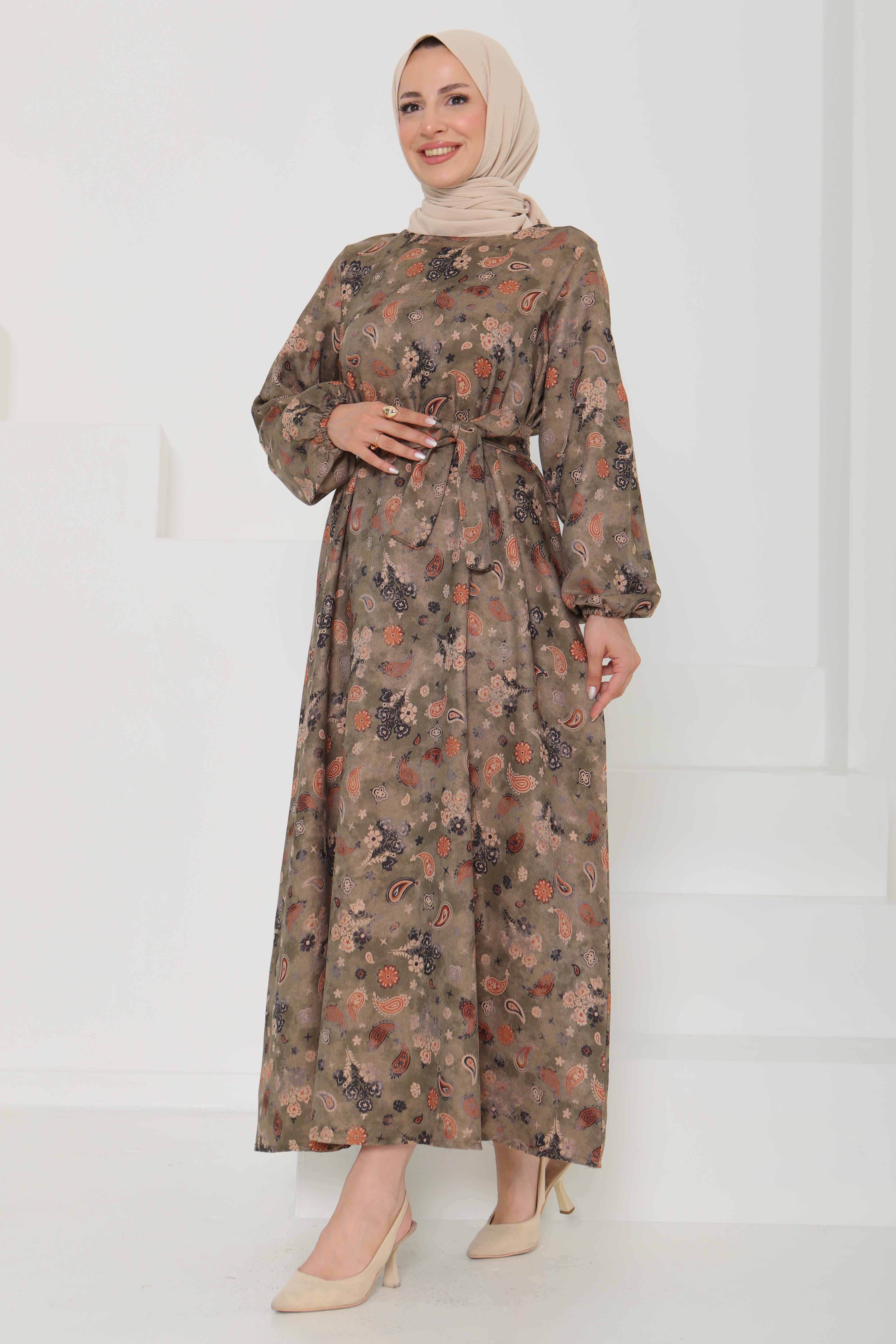 Desenli Kuşaklı Elbise - 27101 - 7