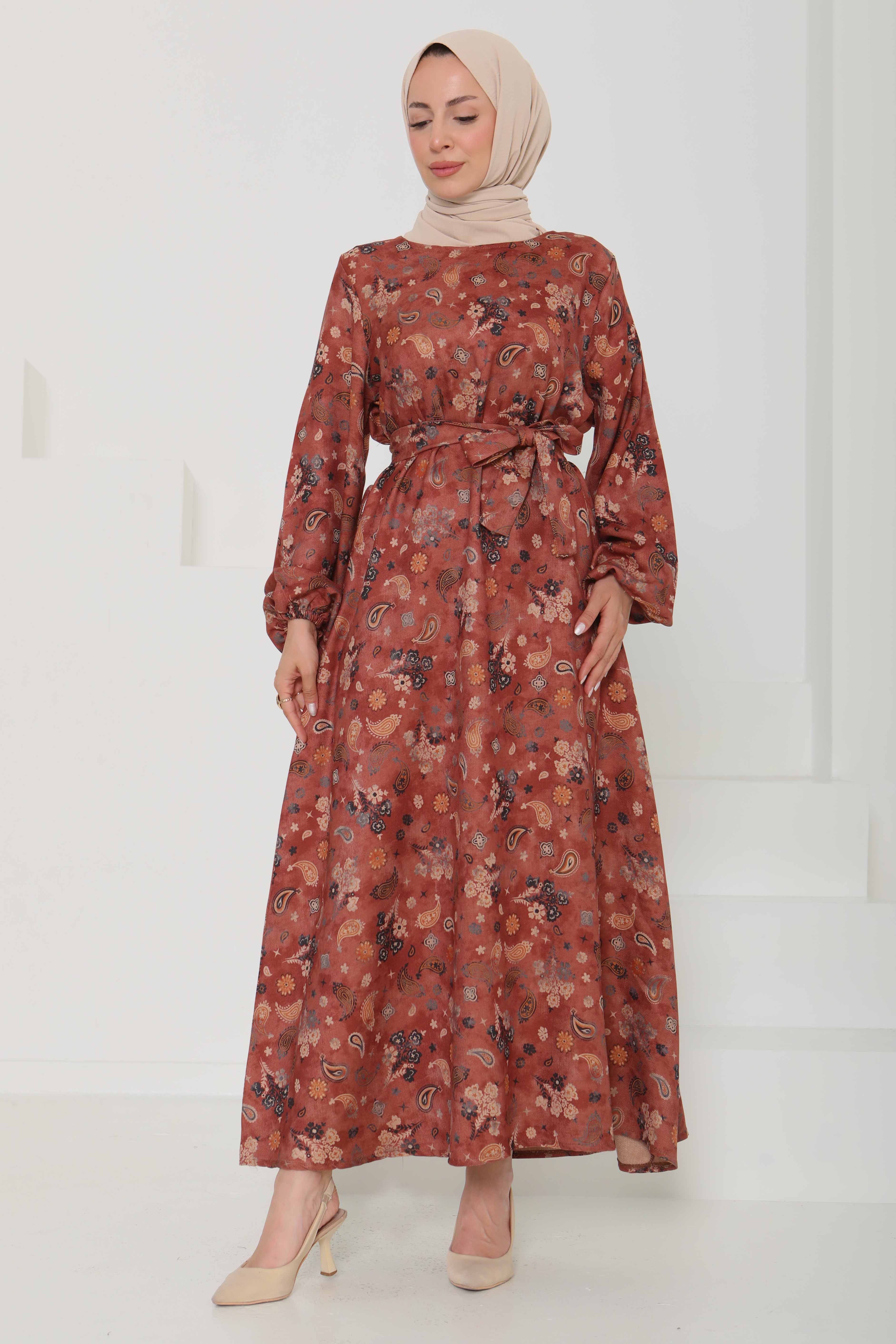 Desenli Kuşaklı Elbise - 27101 - 1