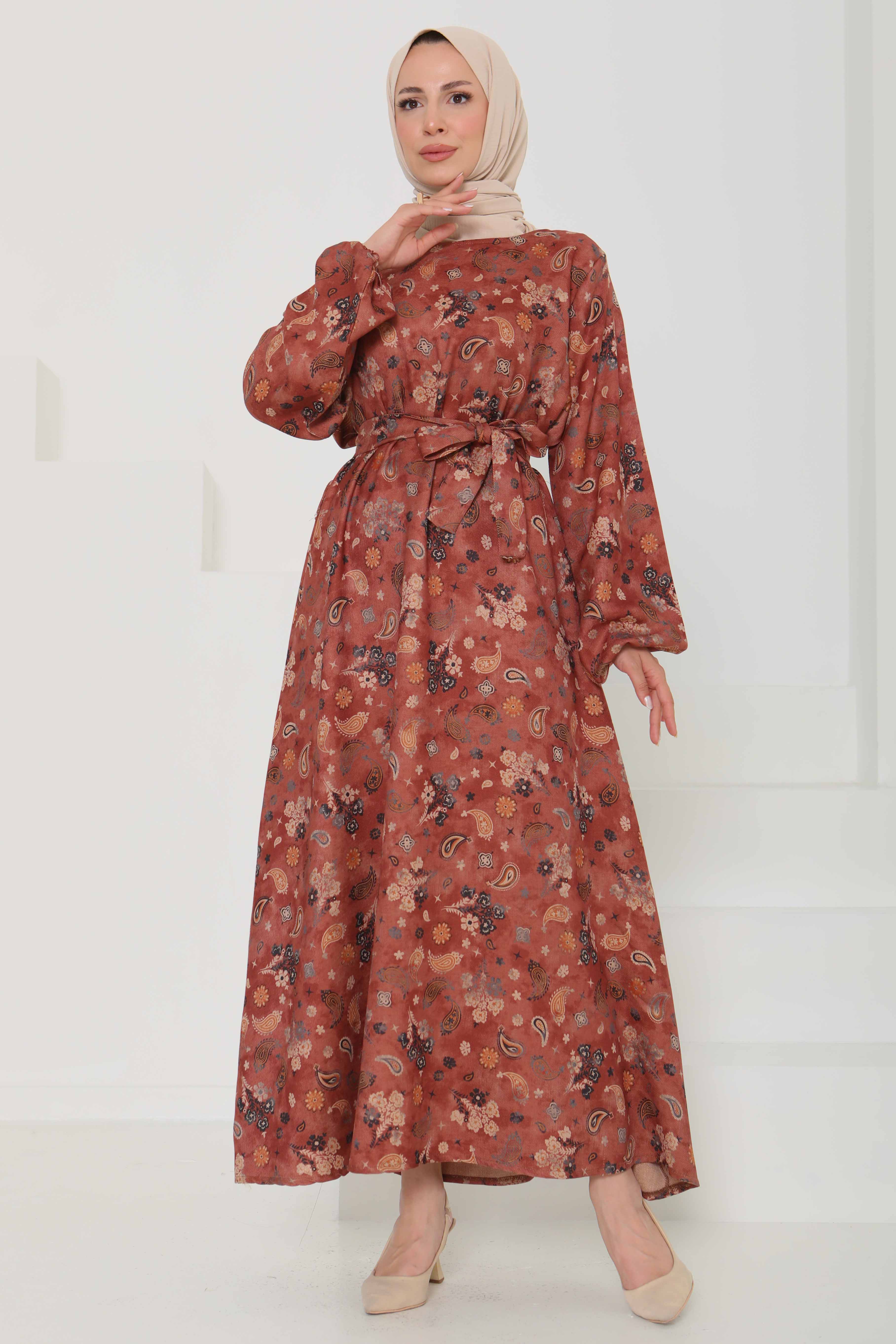 Desenli Kuşaklı Elbise - 27101 - 2