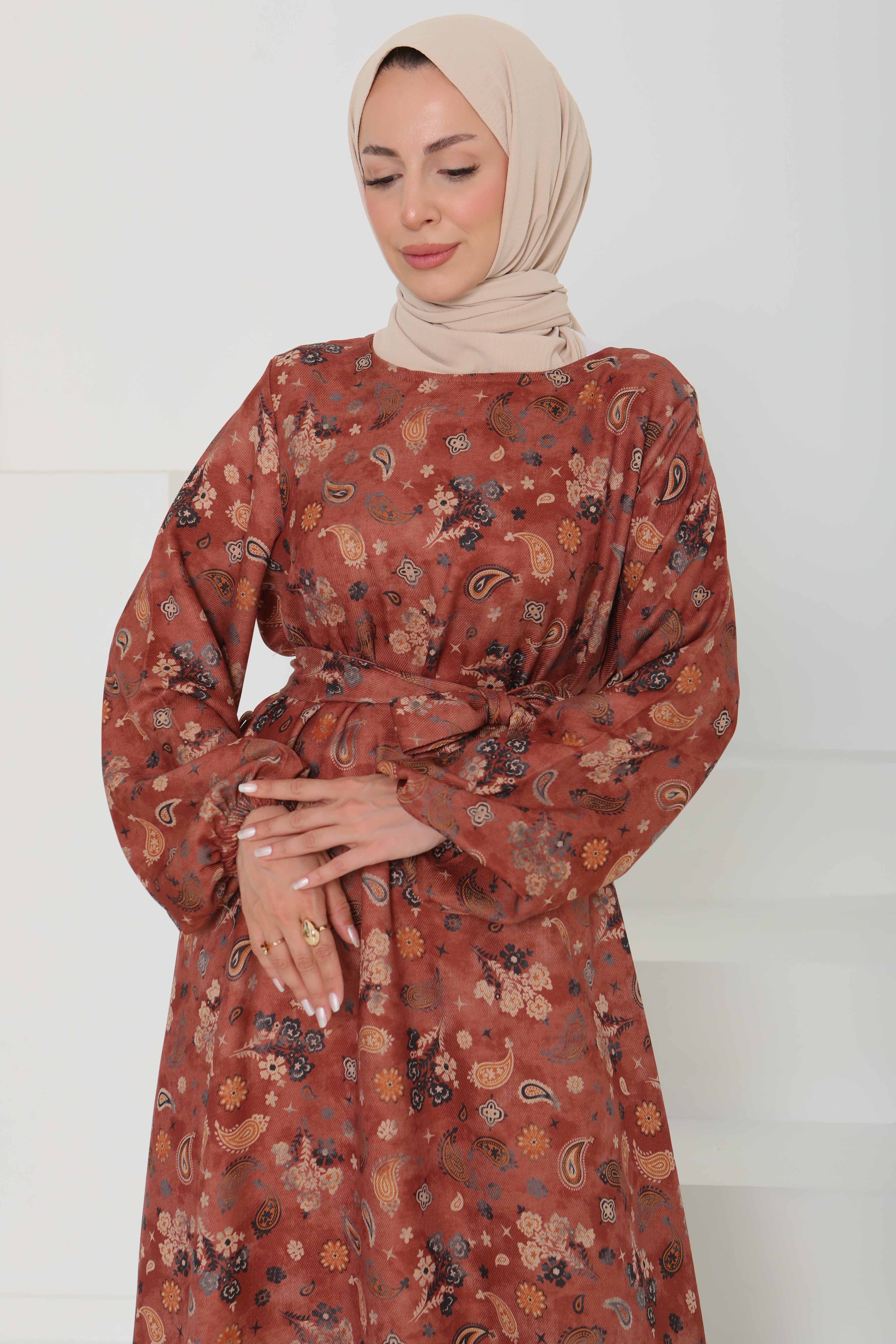 Desenli Kuşaklı Elbise - 27101 - 3